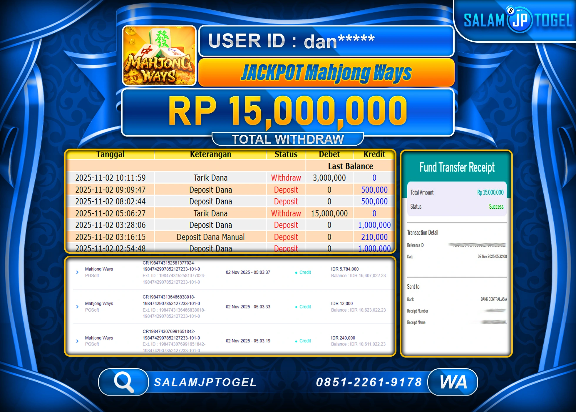 SALAMJPTOGEL MENANG MAHJONG WAYS PGSOFT Rp.15,000,000  - LUNAS