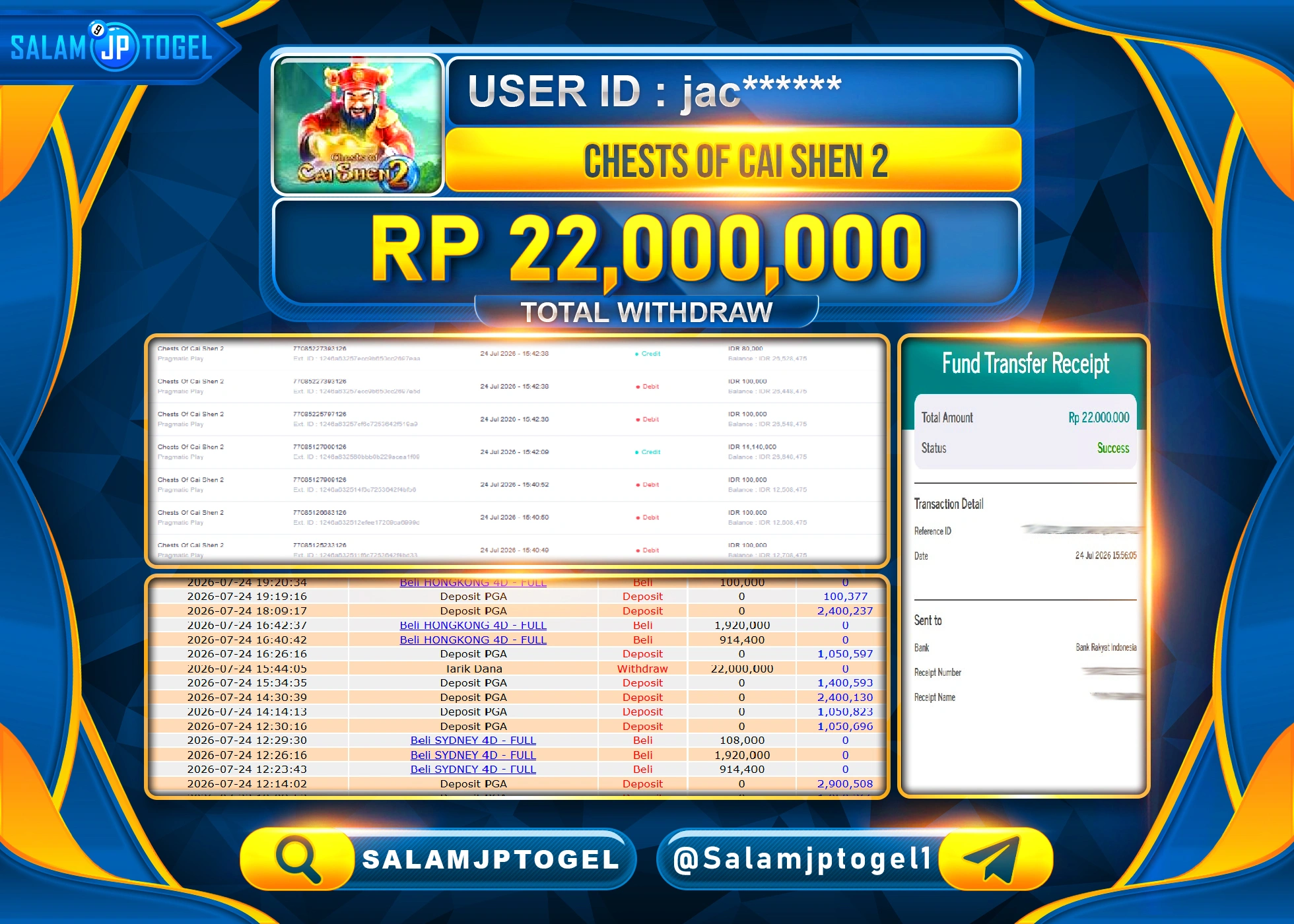 SALAMJPTOGEL JACKPOT MENANG SLOT CHESTS OF CAI SEN 2 Rp.22,000,000 - LUNAS