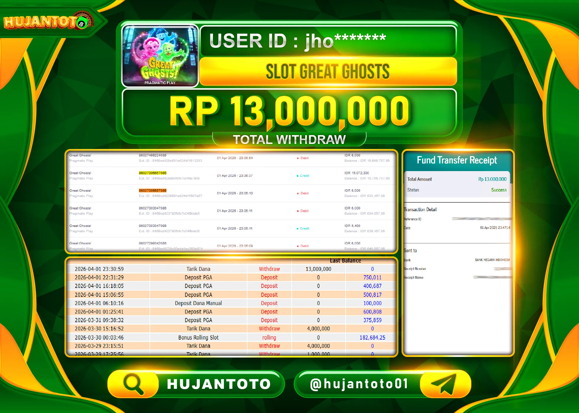 HUJANTOTO - BUKTI JACKPOT MENANG SLOT GREAT GHOSTS Rp.13,000,000 - TERBAYAR LUNAS