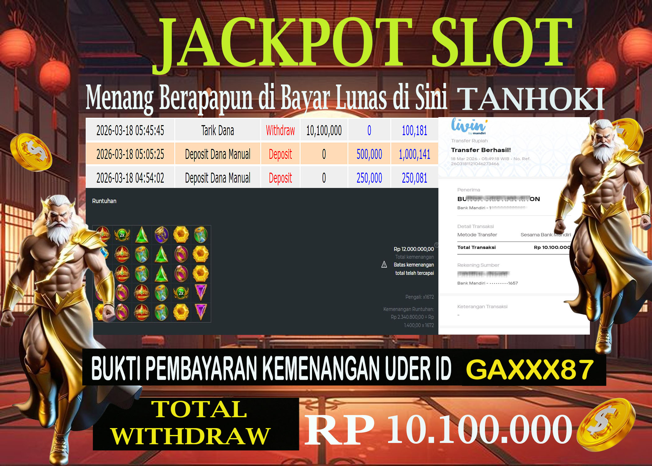 TANHOKI JACKPOTSLOT GATES OF OLYMPUS 1000 Rp.10.100.000,- LUNAS