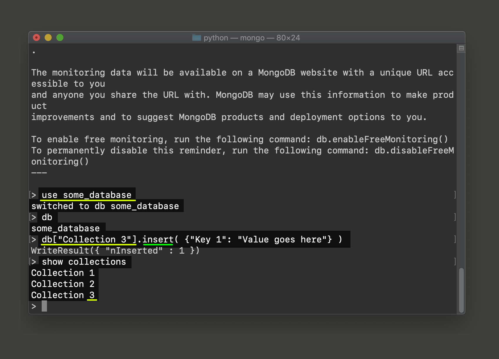 Screenshot of mongo Shell using a database and creating a collection after data insertion