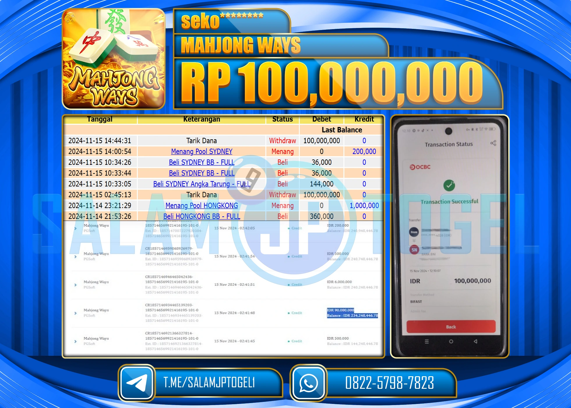 SALAMJPTOGEL MENANG PGSOFT MAHJONG WAYS RP. 100,000,000 LUNAS