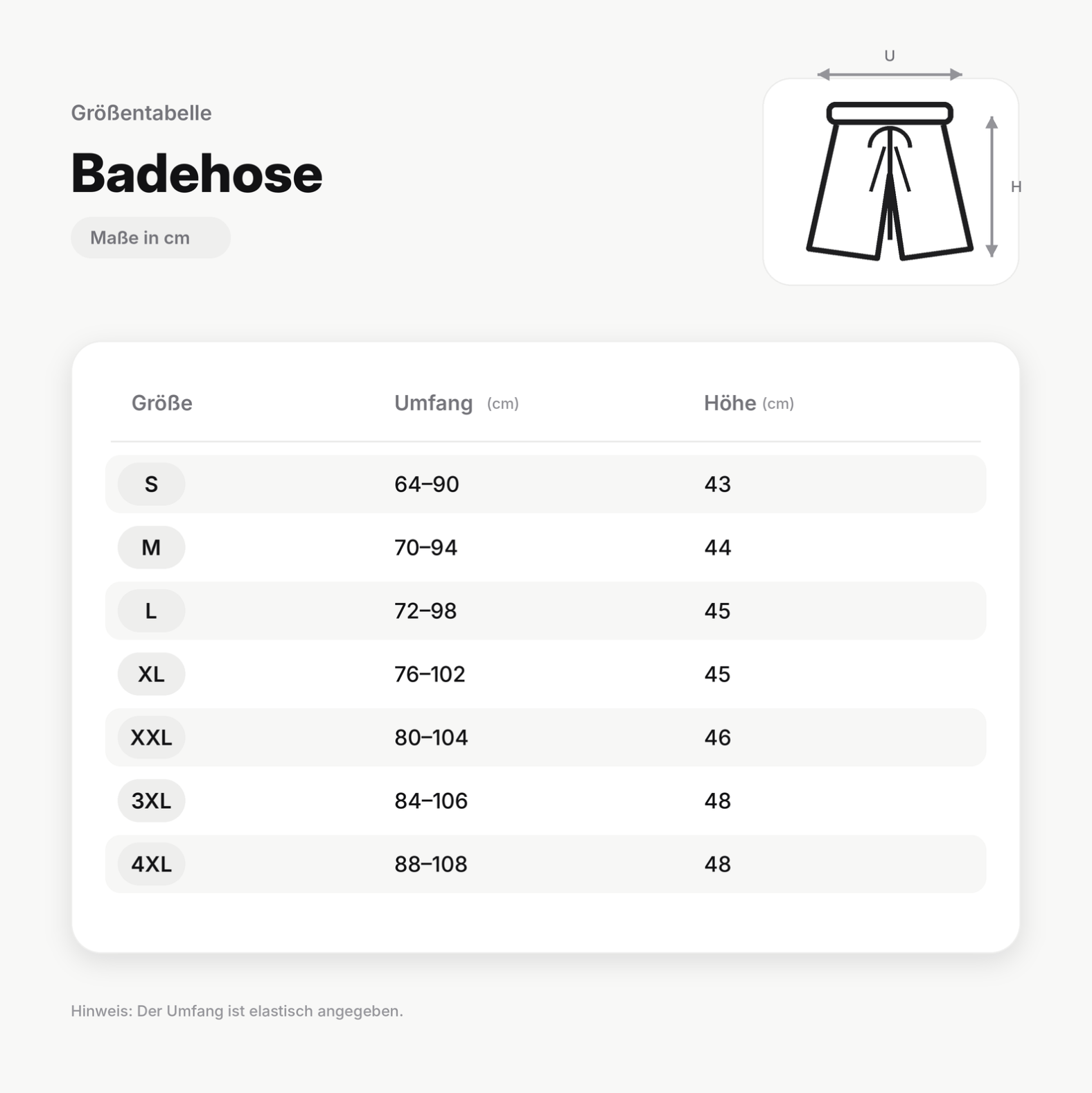 Größentabelle Badehose mit Haustier