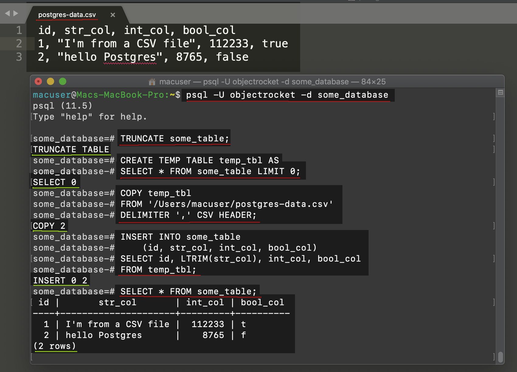Screenshot of psql using COPY to LTRIM whitespace in PostgreSQL string data