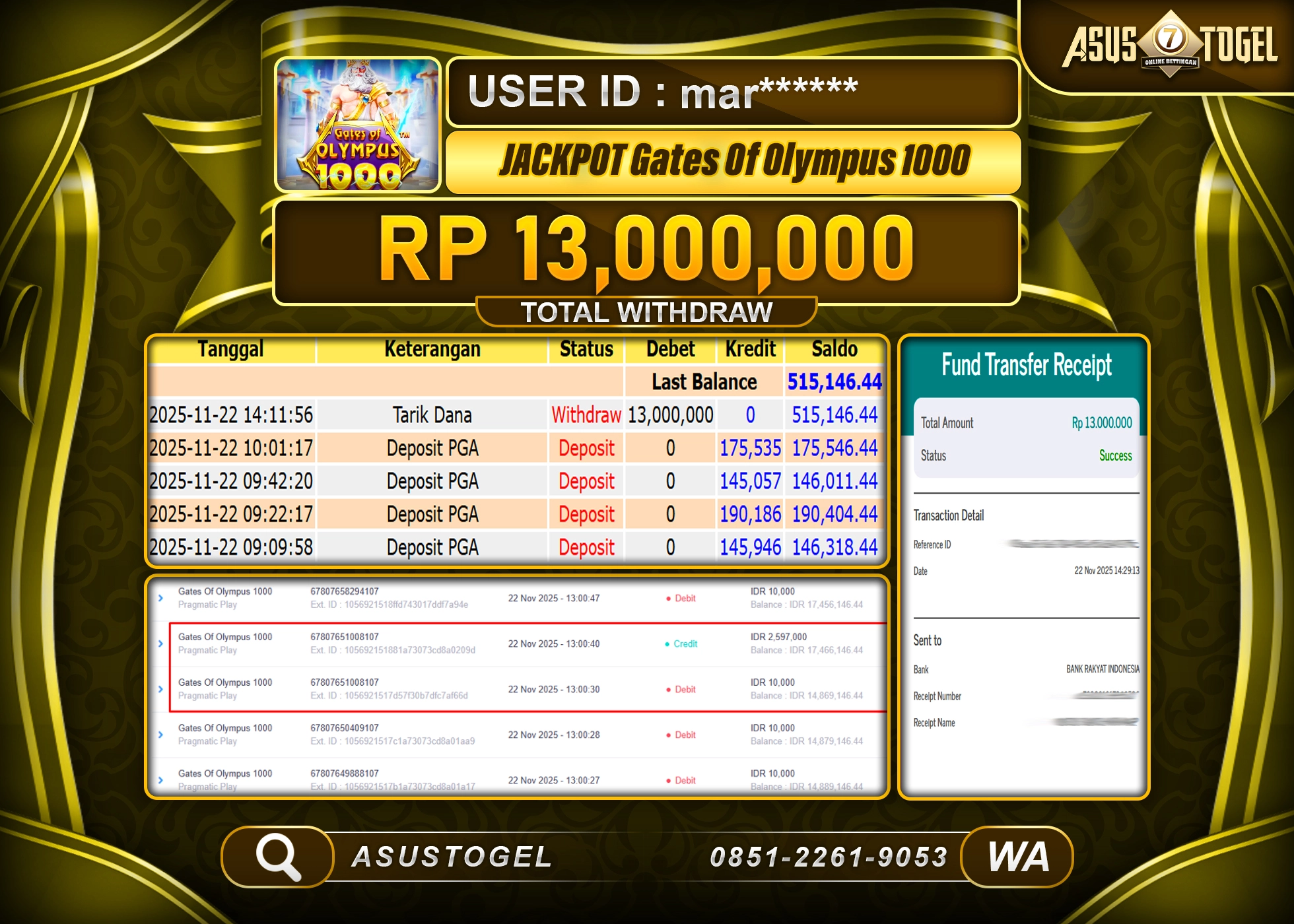 ASUSTOGEL KEMENANGAN DI SLOT GATES OF OLYMPUS 1000 SEBESAR 13,000,000 - RUPIAH LUNAS