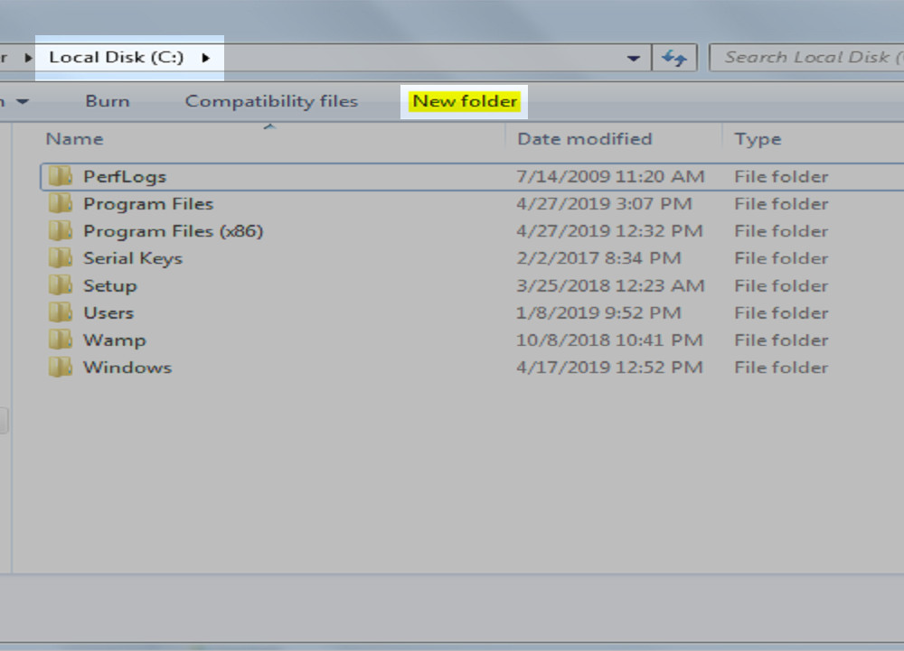 Screenshot of a Windows file explorer with the ""New folder"" button highlighted in the C drive
