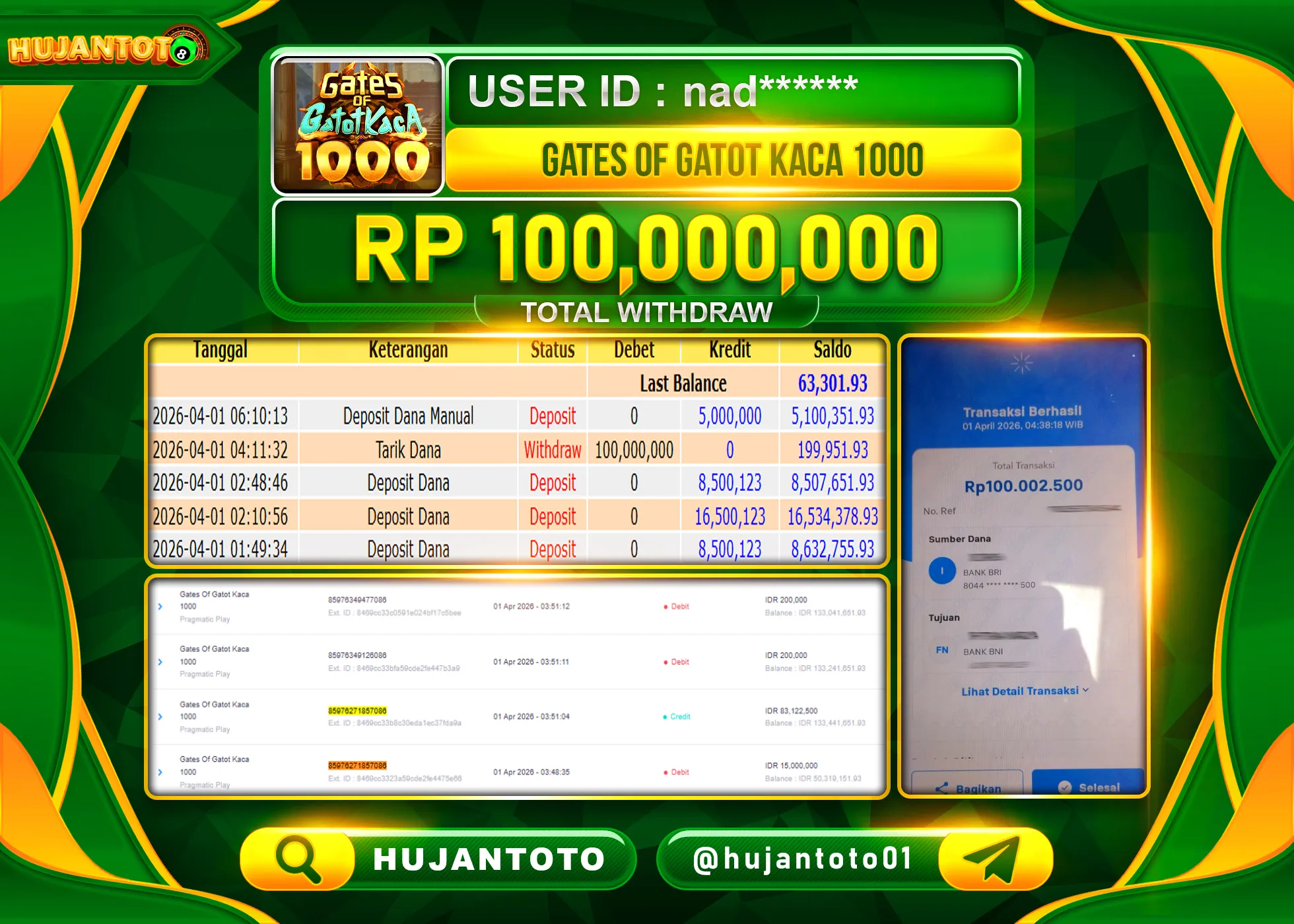 HUJANTOTO - BUKTI JACKPOT MENANG SLOT GATES OF GATOT KACA 1000 Rp.100,000,000 - TERBAYAR LUNAS