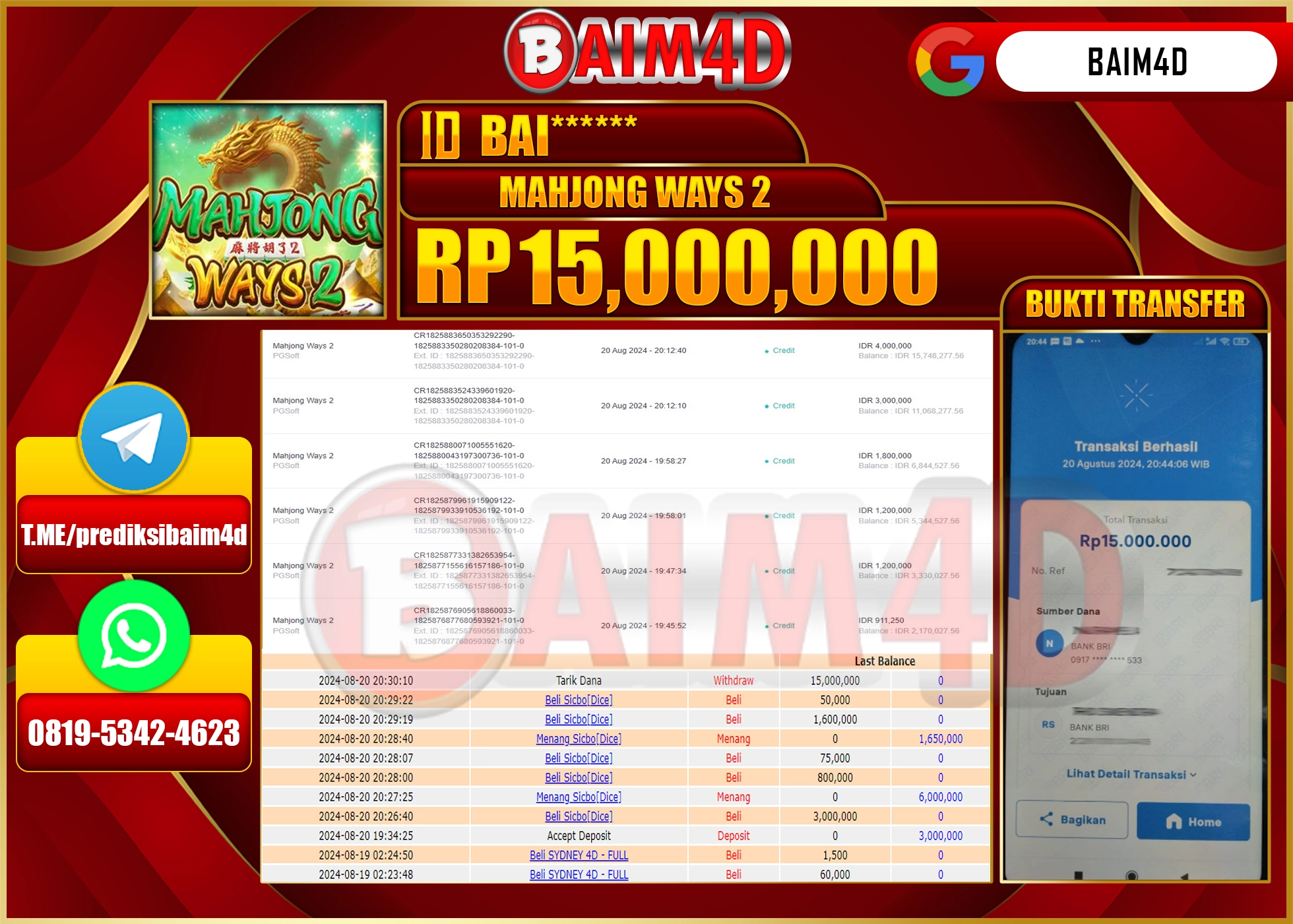 BAIM4D JACKPOT MAHJONG WAYS 2 Rp.15.000,000.- LUNAS