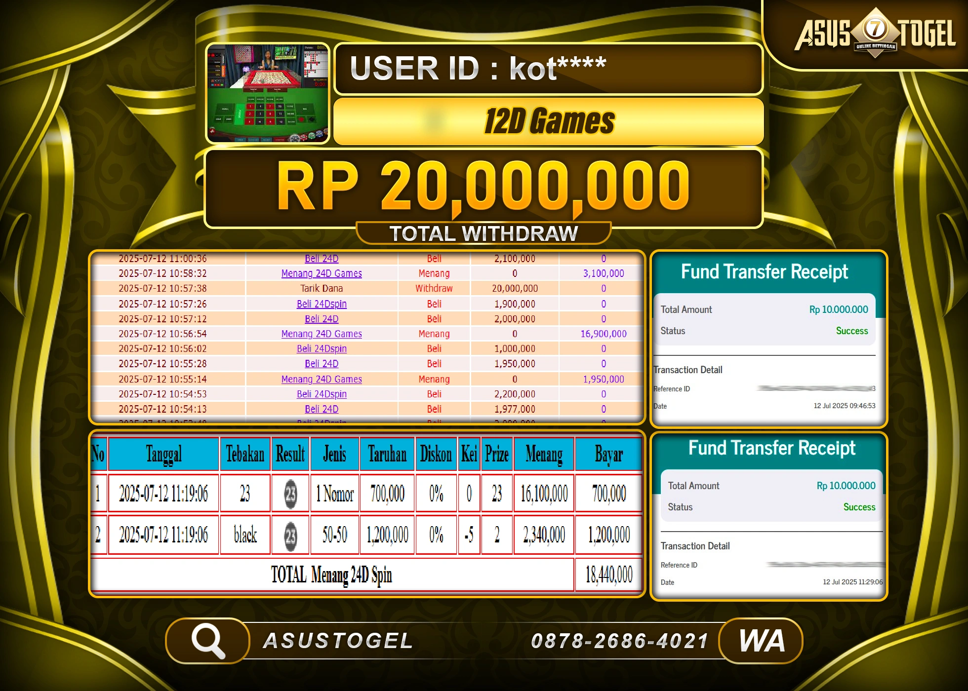 ASUSTOGEL KEMENANGAN DI LIVE GAME 12D SPIN SEBESAR 20,000,000- RUPIAH LUNAS