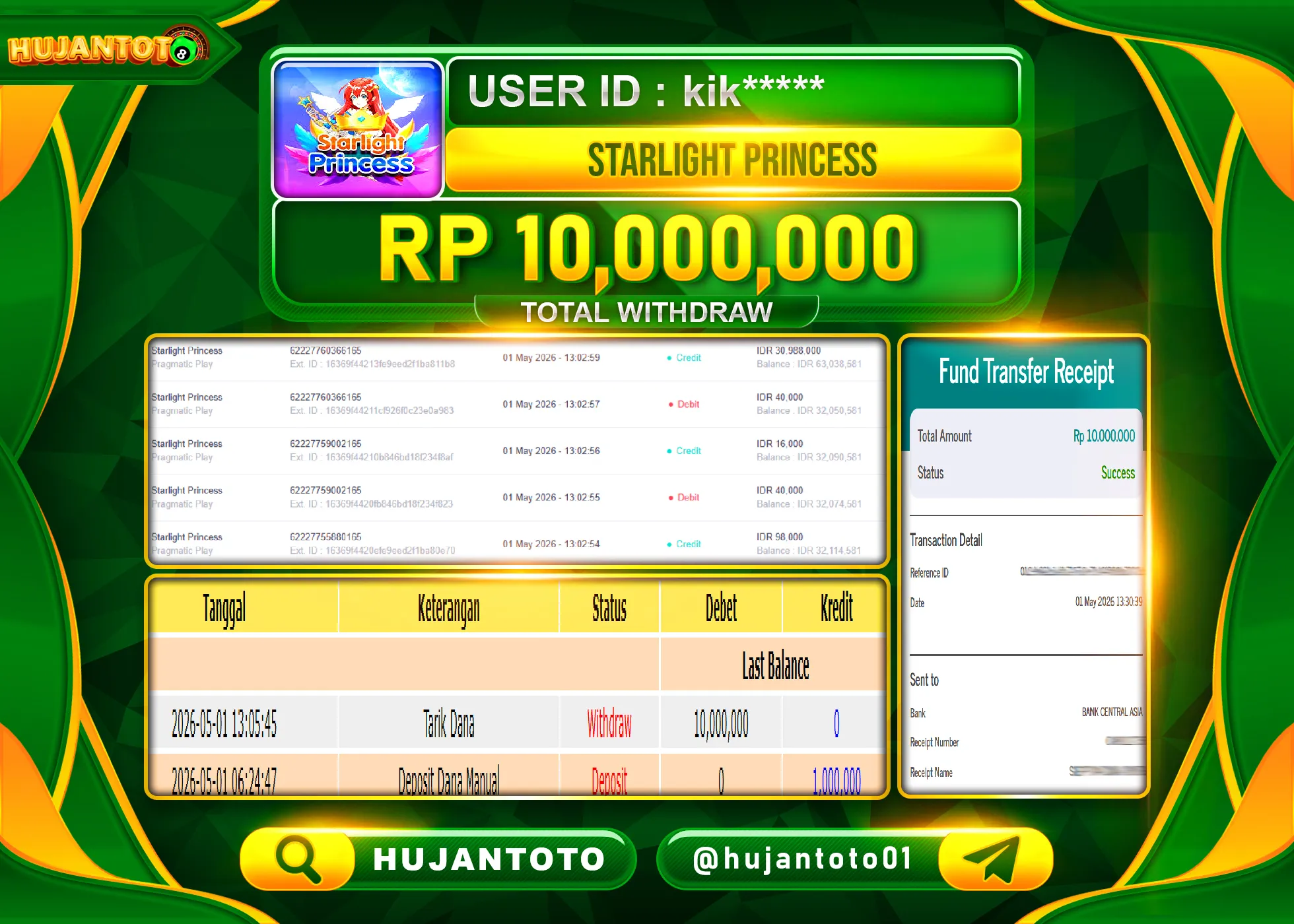 HUJANTOTO - BUKTI JACKPOT MENANG SLOT STARLIGHT PRINCESS Rp.10,000,000 - TERBAYAR LUNAS