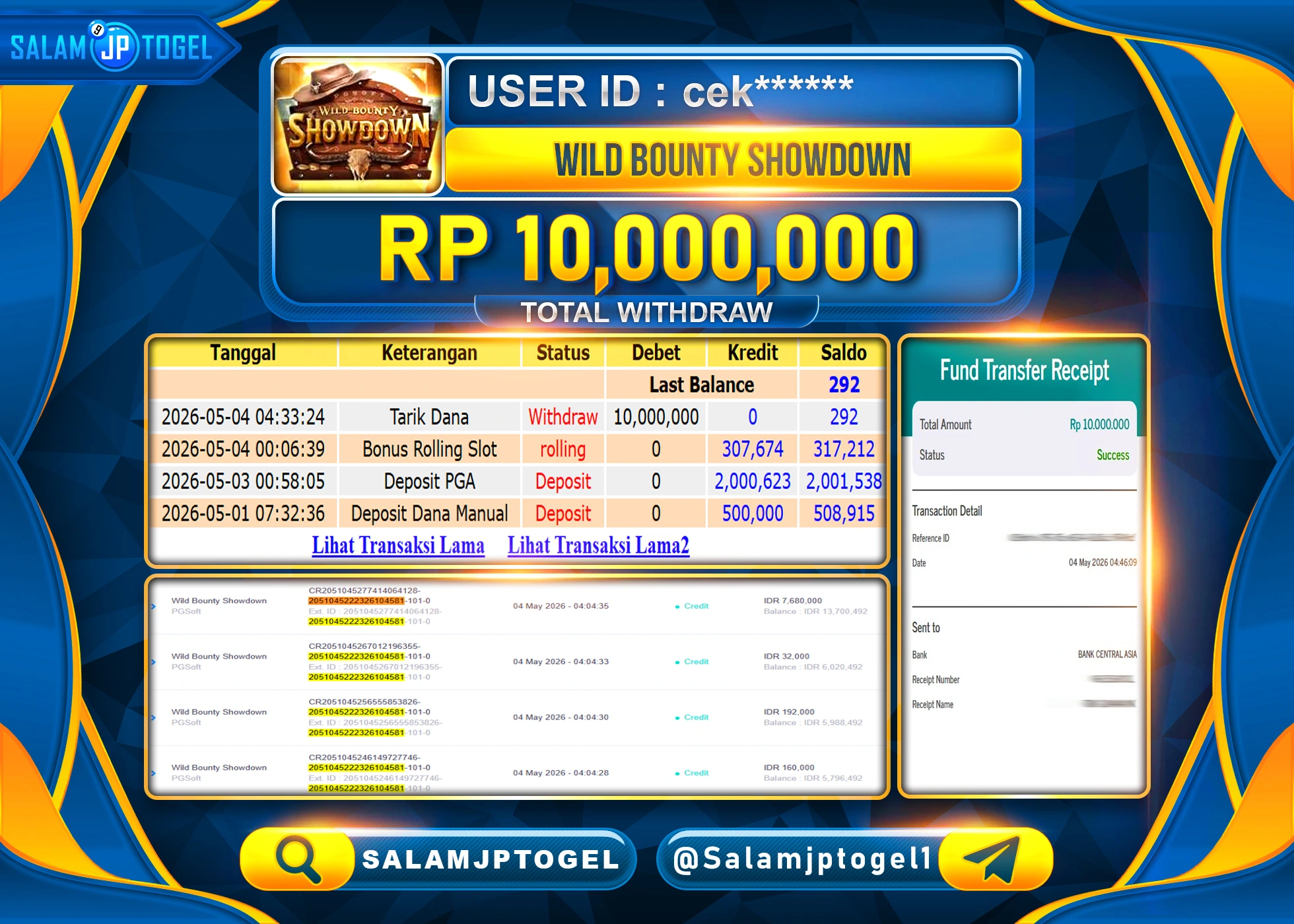 SALAMJPTOGEL MENANG Wild Bounty Showdown (PGSoft) Rp.10,000,000- LUNAS