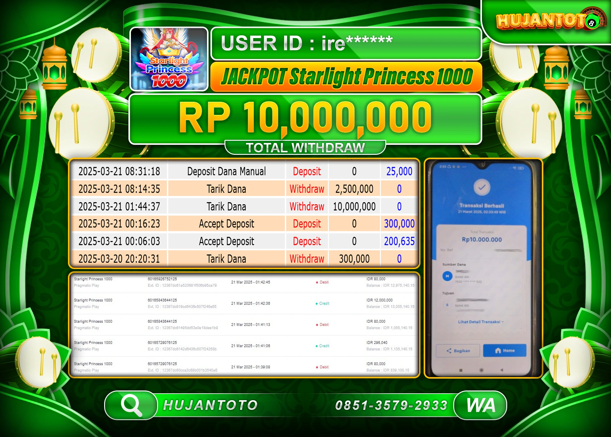 HUJANTOTO - BUKTI JACKPOT MENANG SLOT STARLIGHT PRINCESS 1000 Rp,10,000,000 - TERBAYAR LUNAS