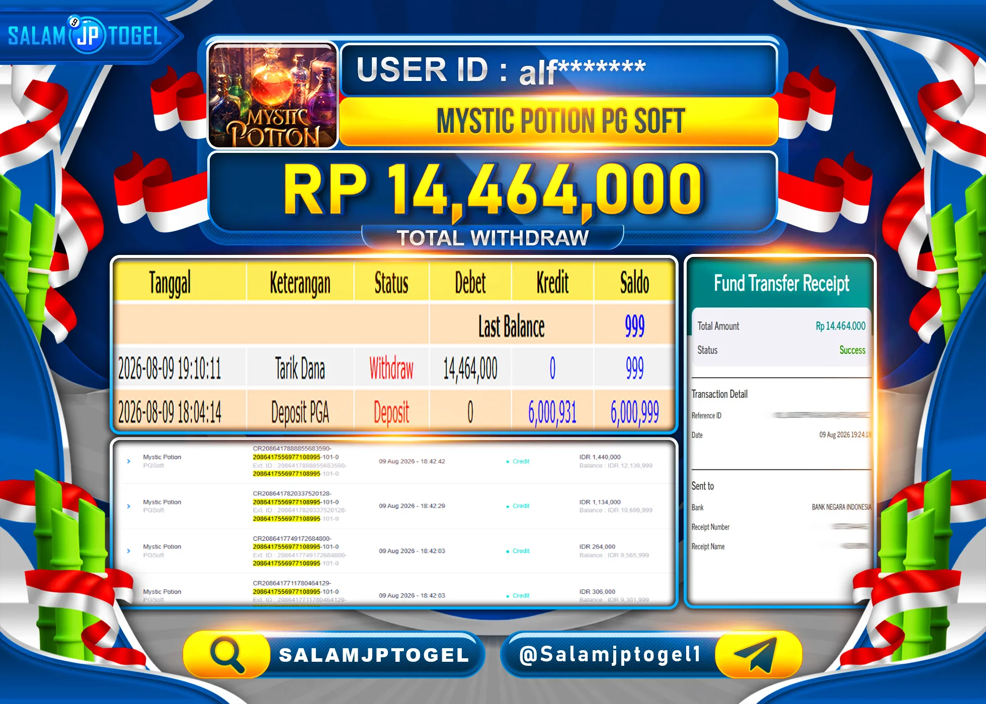 SALAMJPTOGEL JACKPOT MENANG SLOT MYSTIC POTION PG SOFT  Rp.14,464,000 - LUNAS