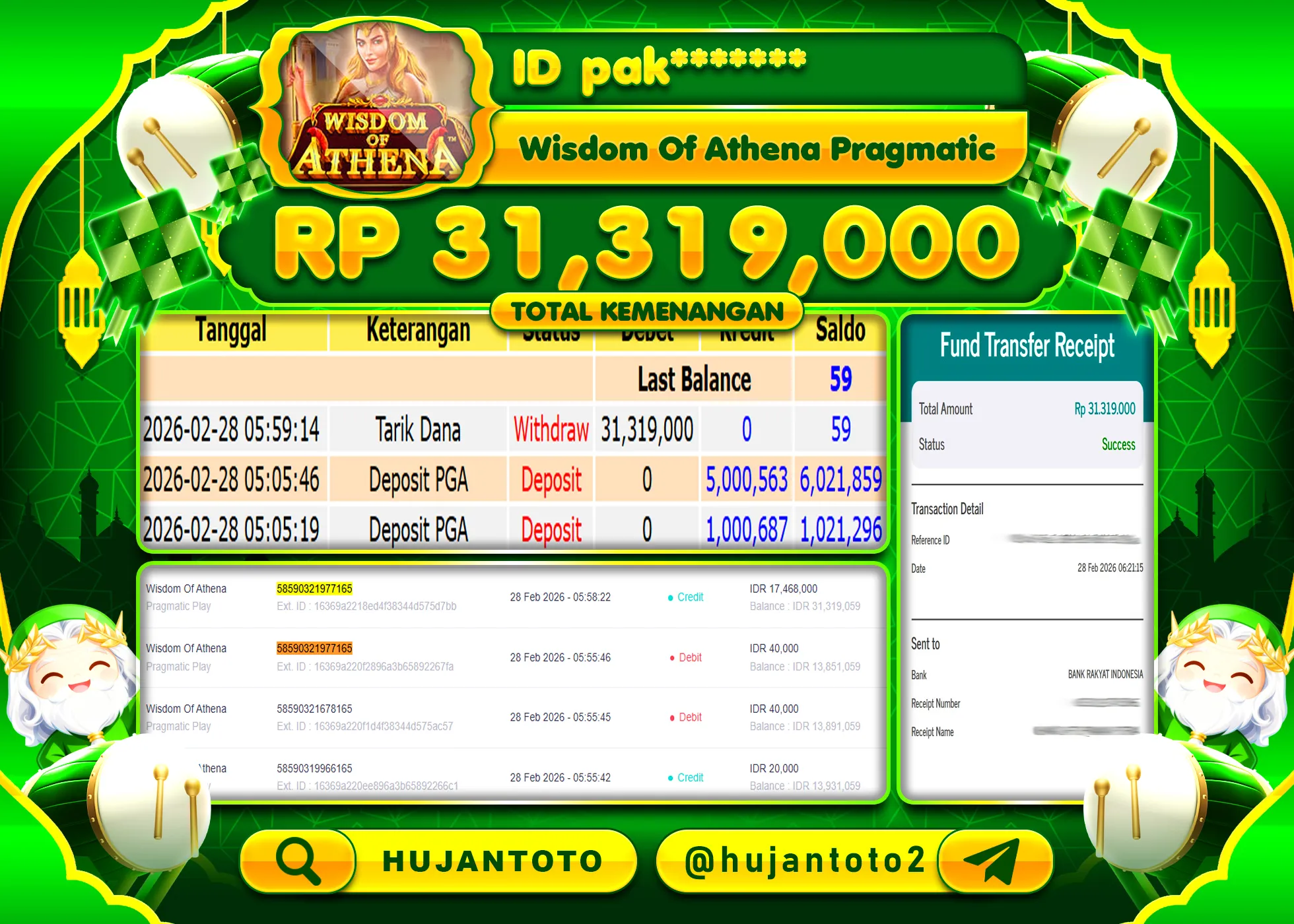 HUJANTOTO - BUKTI JACKPOT MENANG SLOT WISDOM OF ATHENA Rp.31,319,000 - TERBAYAR LUNAS