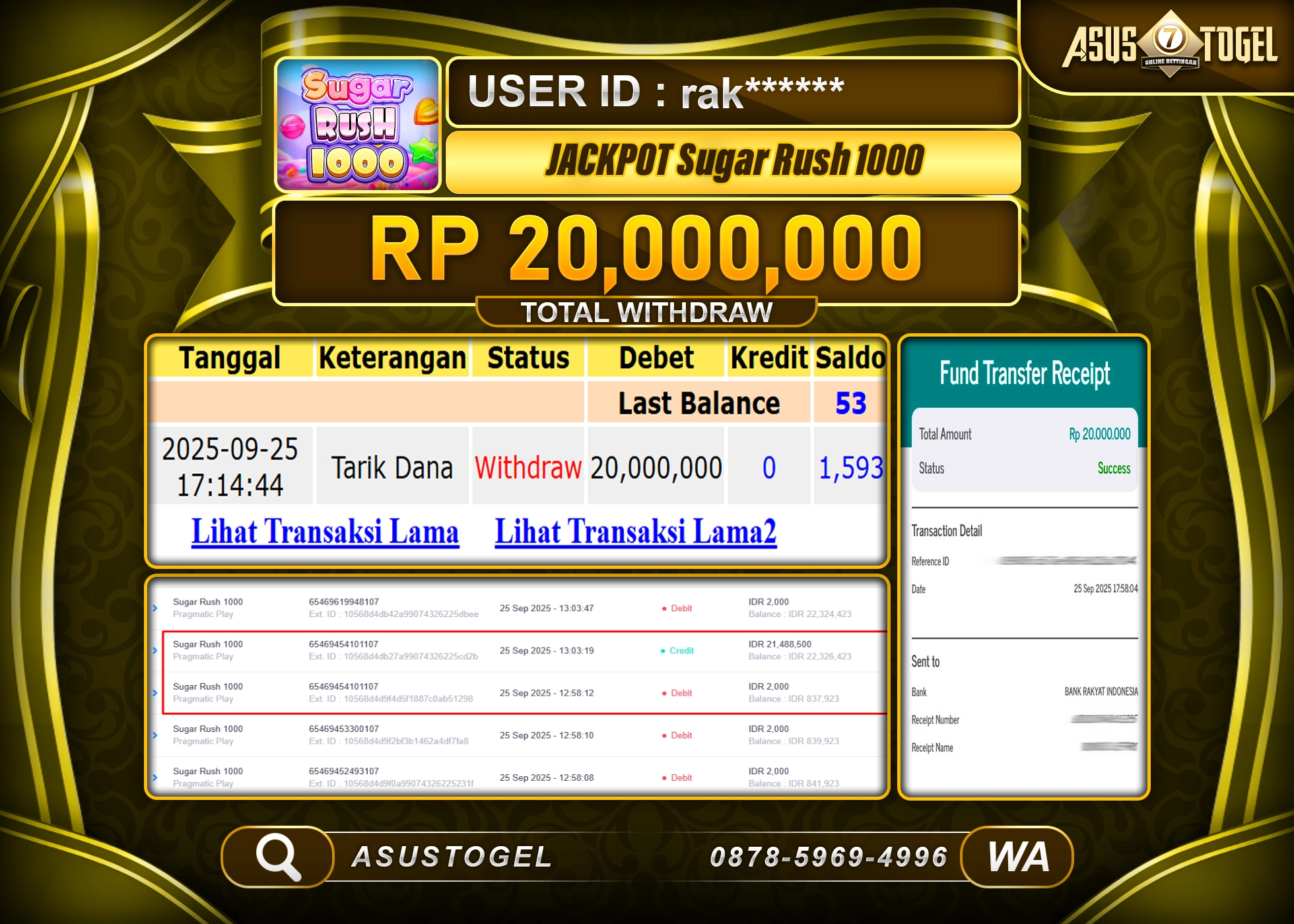 ASUSTOGEL KEMENANGAN DI SLOT SUGAR RUSH 1000 SEBESAR 20,000,000- RUPIAH LUNAS