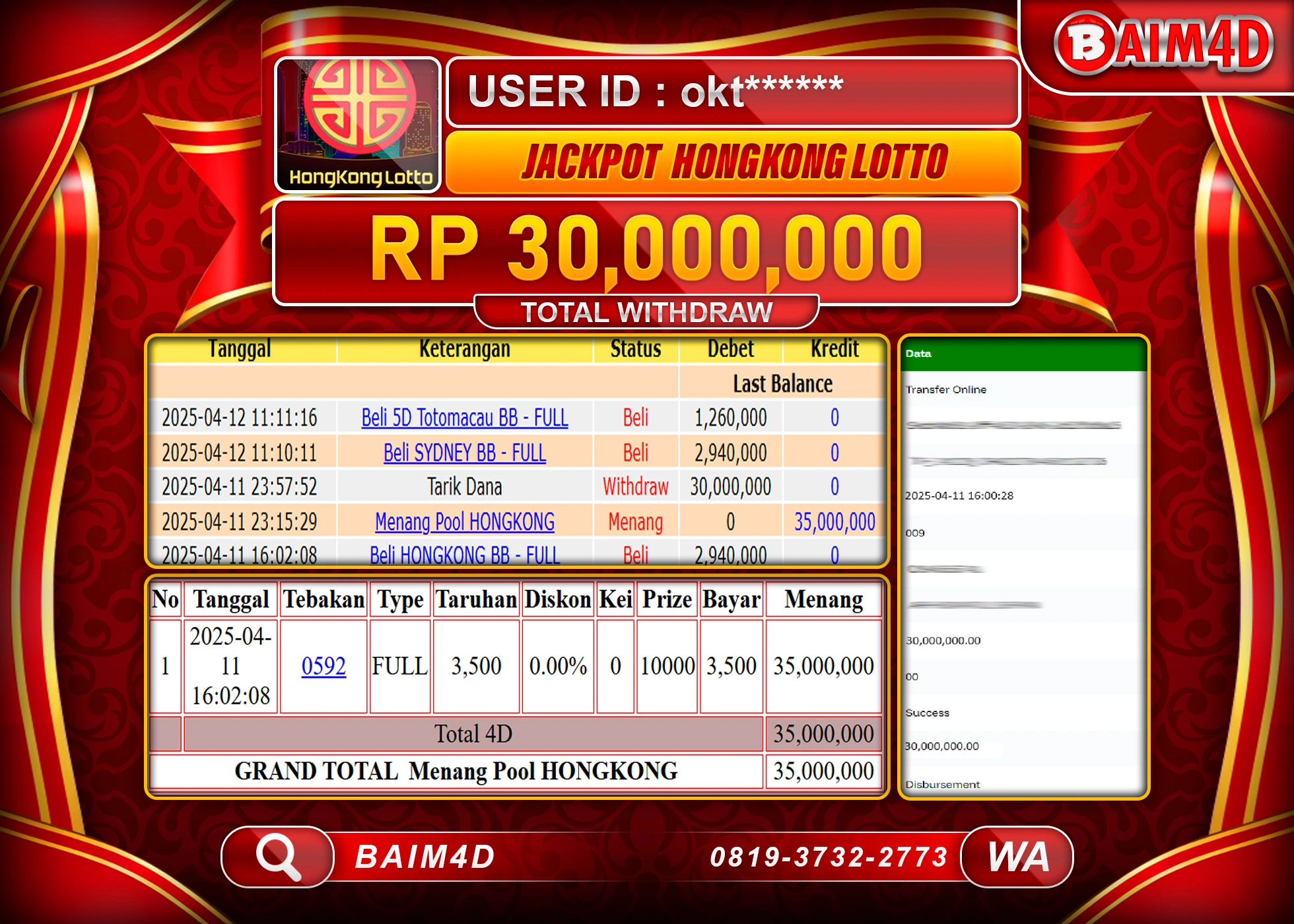 BAIM4D JACKPOT MENANG HONGKONG LOTTO POOLS . Rp.30.000,000.- LUNAS