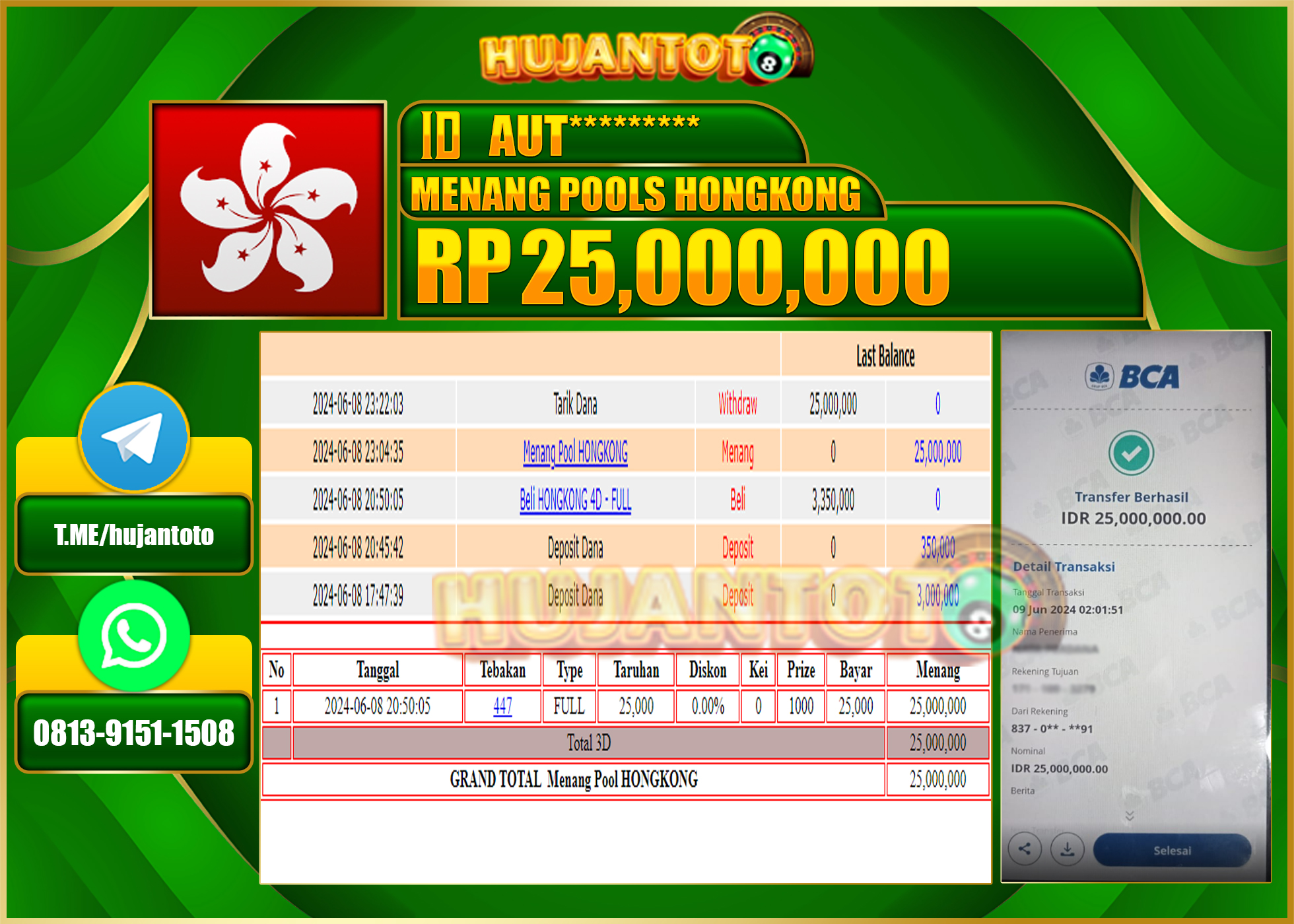HUJANTOTO MENANG DI  POOLS HONGKONG 25.000.000 - LUNAS 