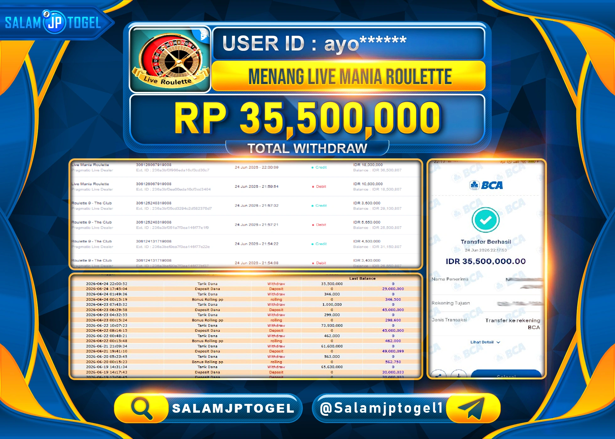 SALAMJPTOGEL JACKPOT MENANG LIVEGAMES LIVE MANIA ROULETTE  Rp.35,500,000 - LUNAS