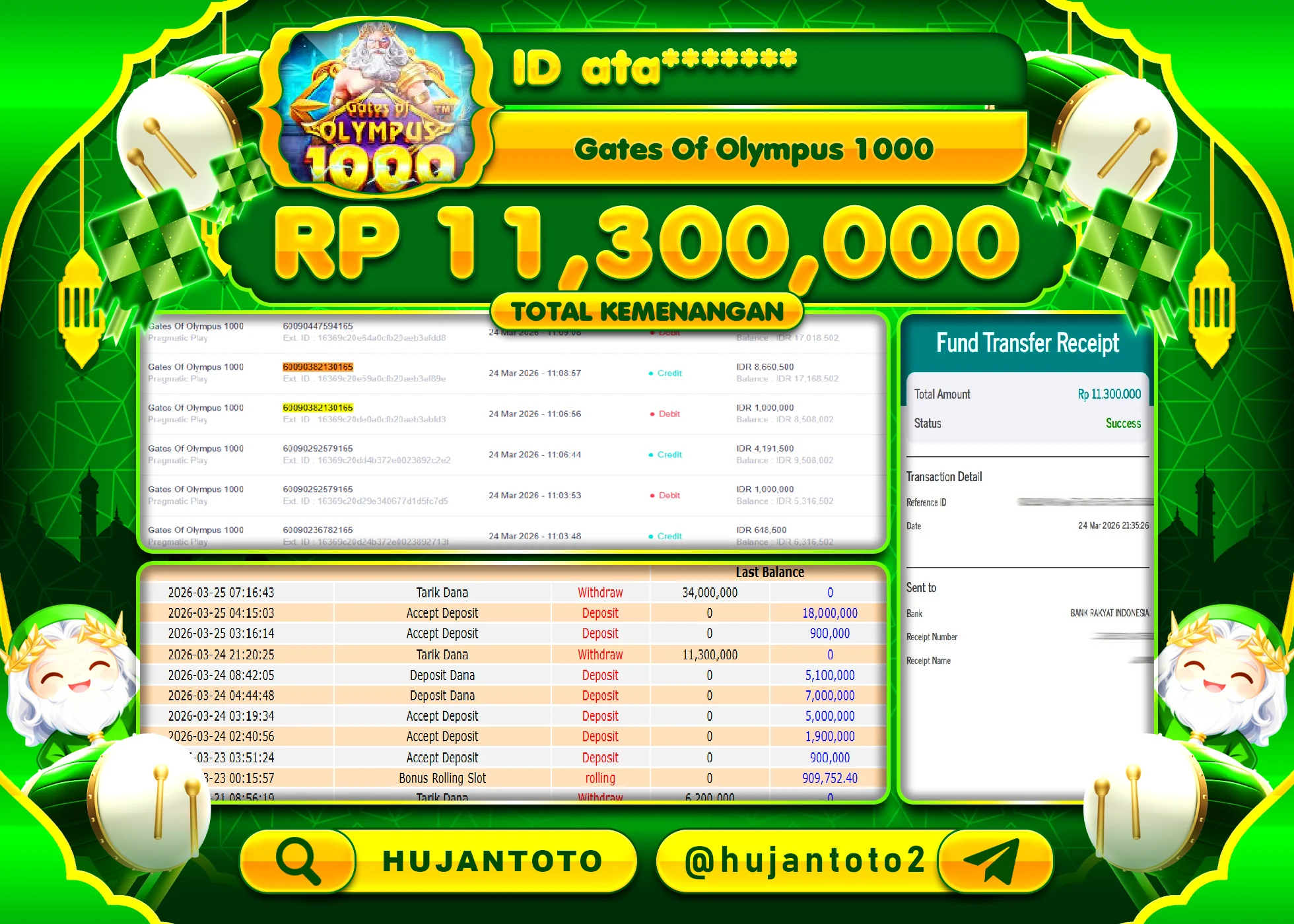 HUJANTOTO - BUKTI JACKPOT MENANG SLOT GATES  OF OLYMPUS 1000 Rp.11,300,000 - TERBAYAR LUNAS