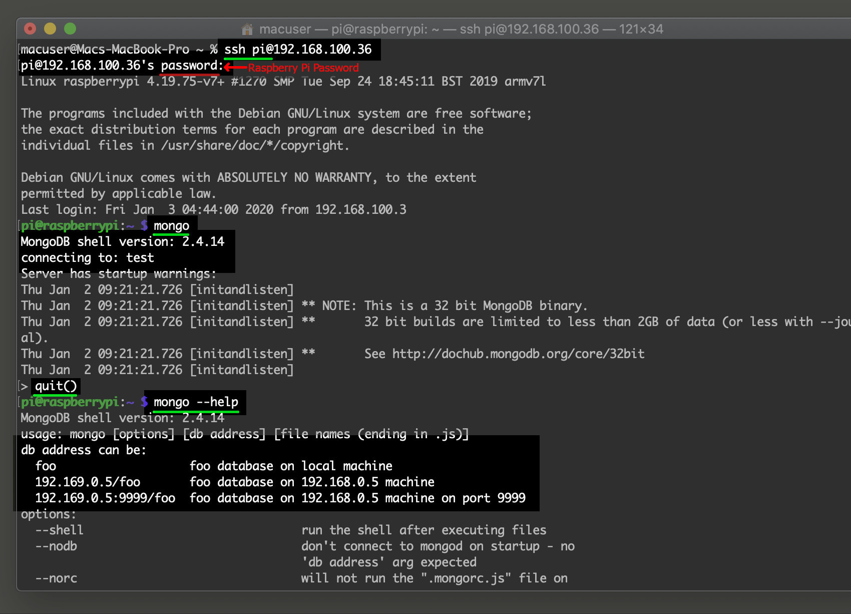 Screenshot of MongoDB Raspberry Pi SSH server connect to mongo CLI