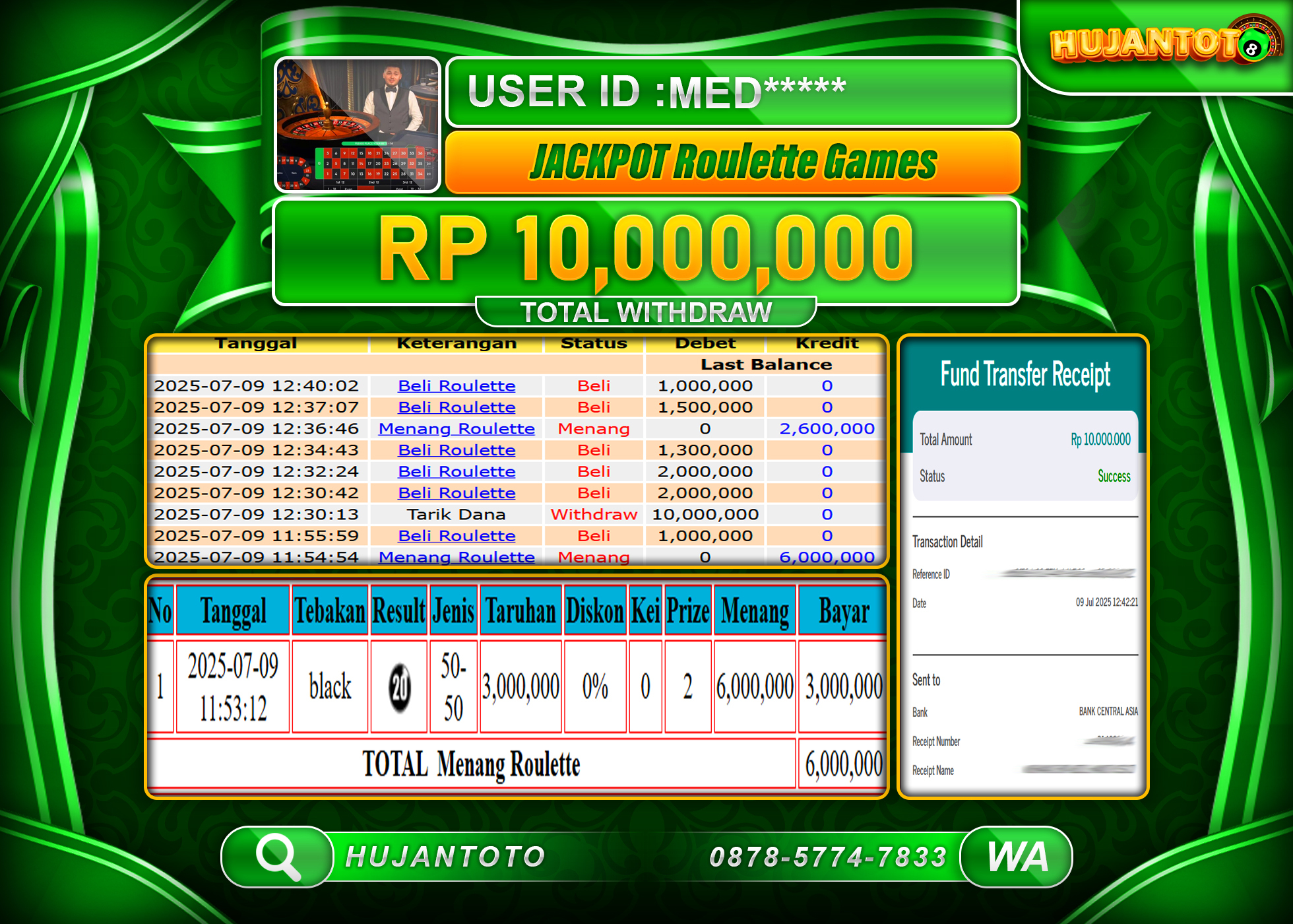 HUJANTOTO - BUKTI JACKPOT MENANG  LIVEGAMES ROULETTE GAMES Rp.10,000,000 - TERBAYAR LUNAS