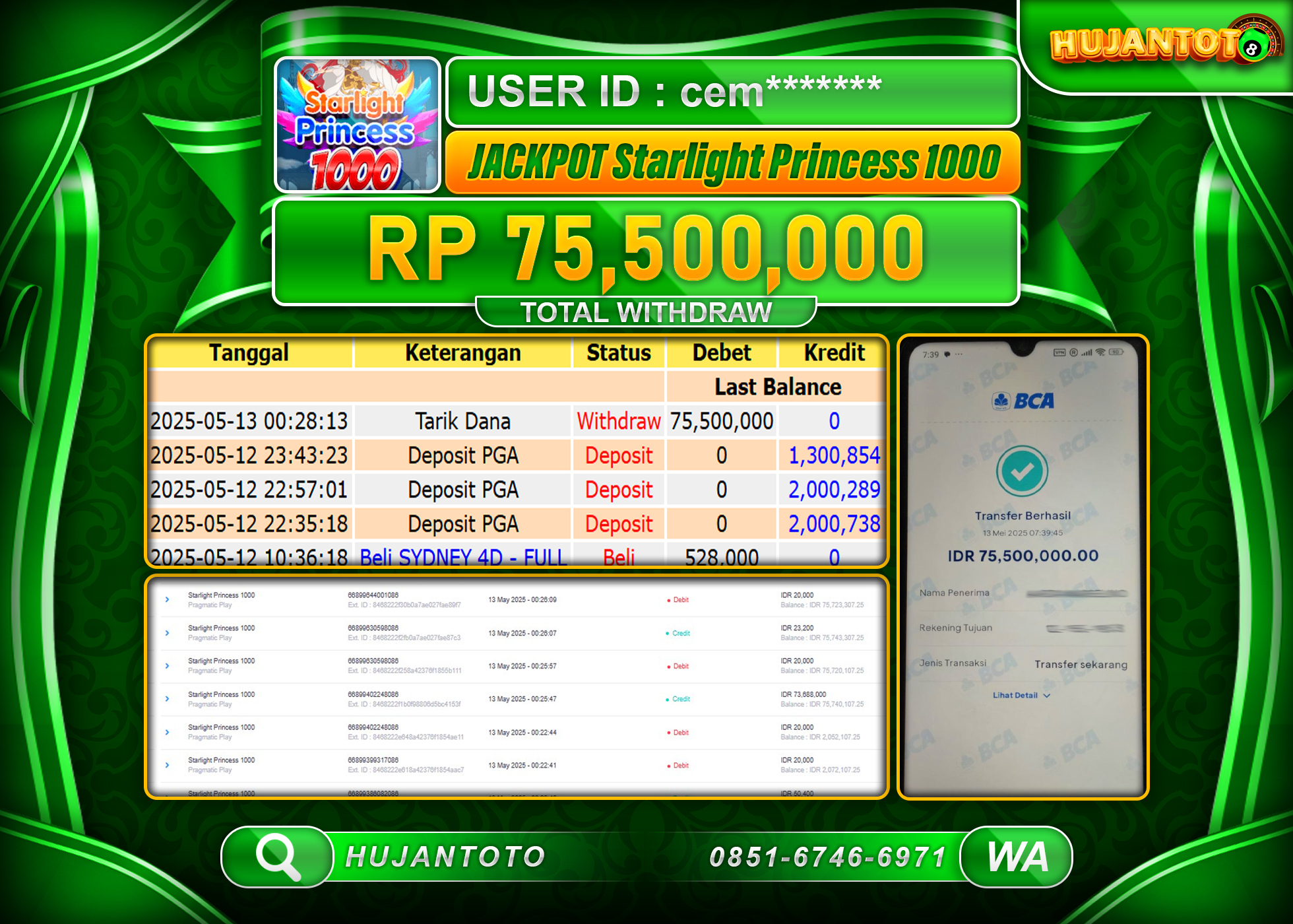 HUJANTOTO - BUKTI JACKPOT MENANG STARLIGHT PRINCESS 1000 Rp,75,000,000 - TERBAYAR LUNAS
