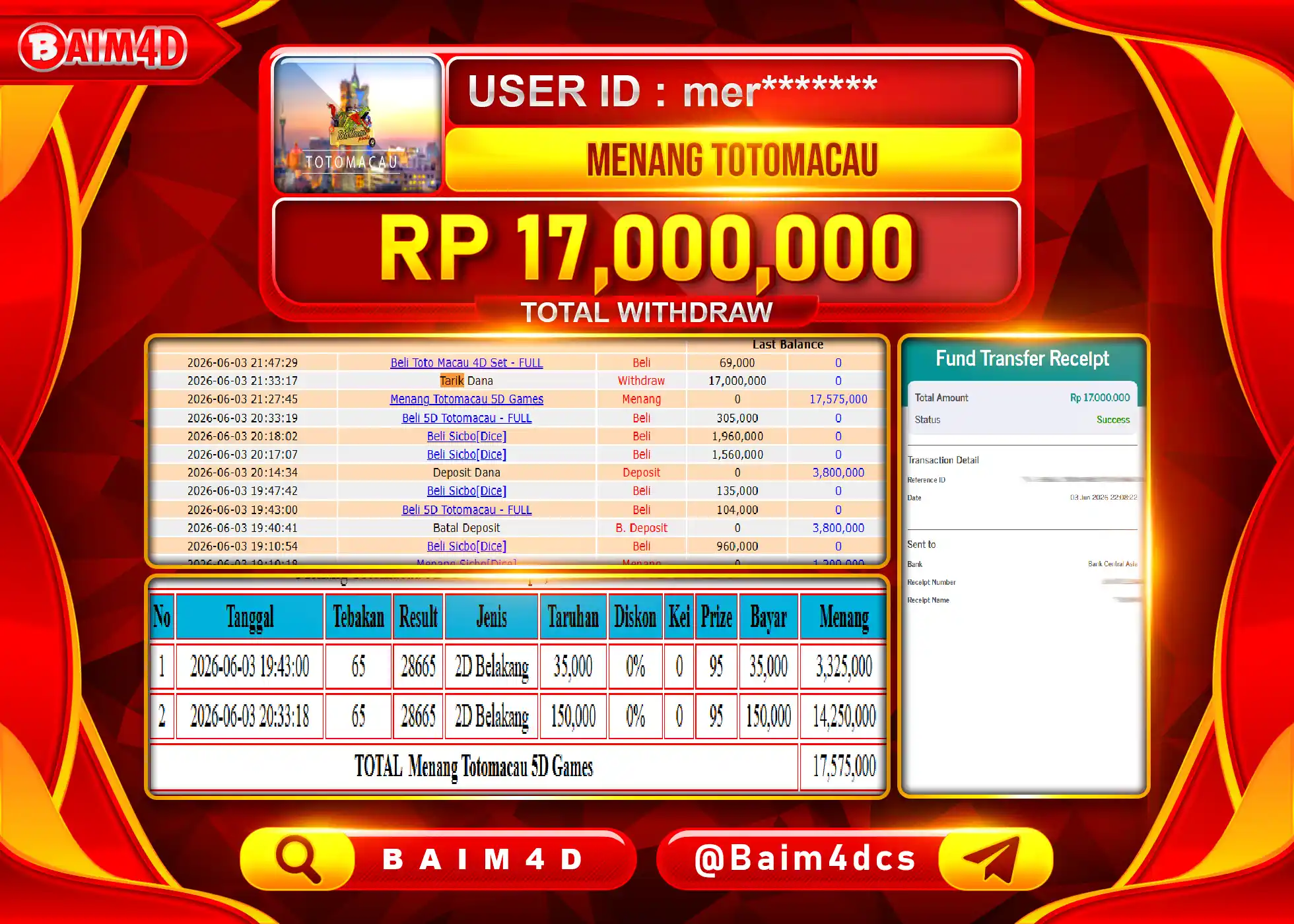 BAIM4D JACKPOT TOGEL PASARAN TOTOMACAU5D Rp.17,000,000 - LUNAS