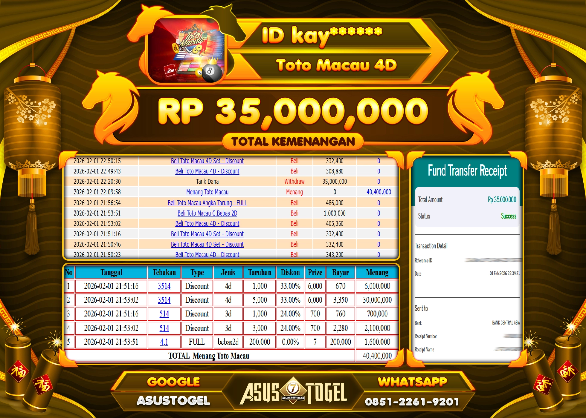 ASUSTOGEL KEMENANGAN DI TOGEL TOTO MACAU 4D SEBESAR 35,000,000 - RUPIAH LUNAS
