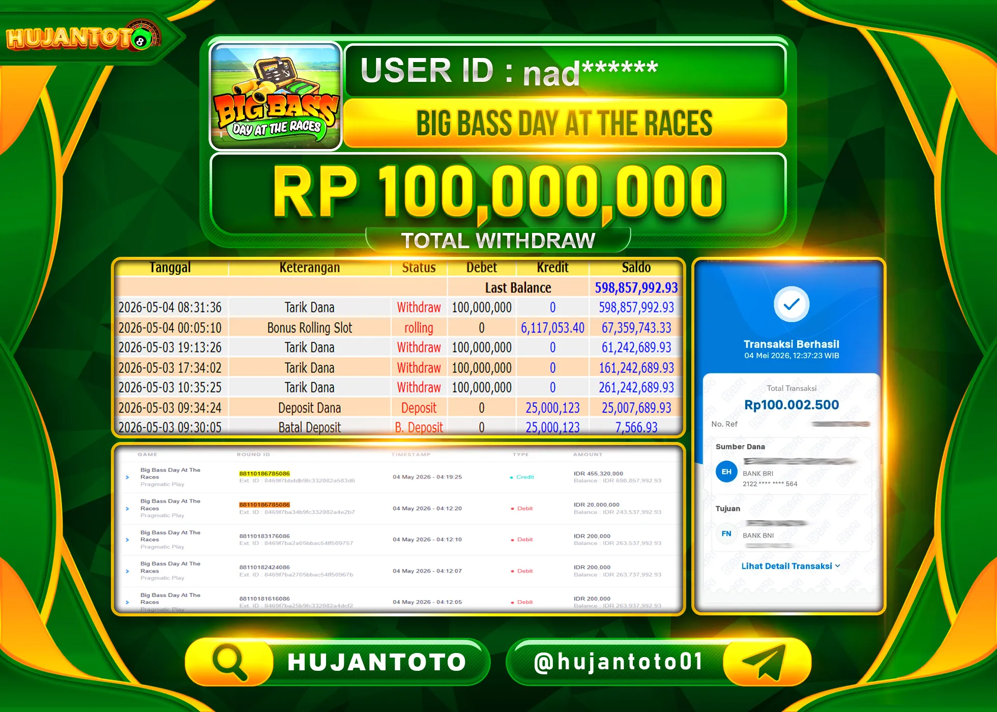 HUJANTOTO - BUKTI JACKPOT MENANG SLOT BIG BASS DAY AT THE RACES Rp.100,000,000 - TERBAYAR LUNAS