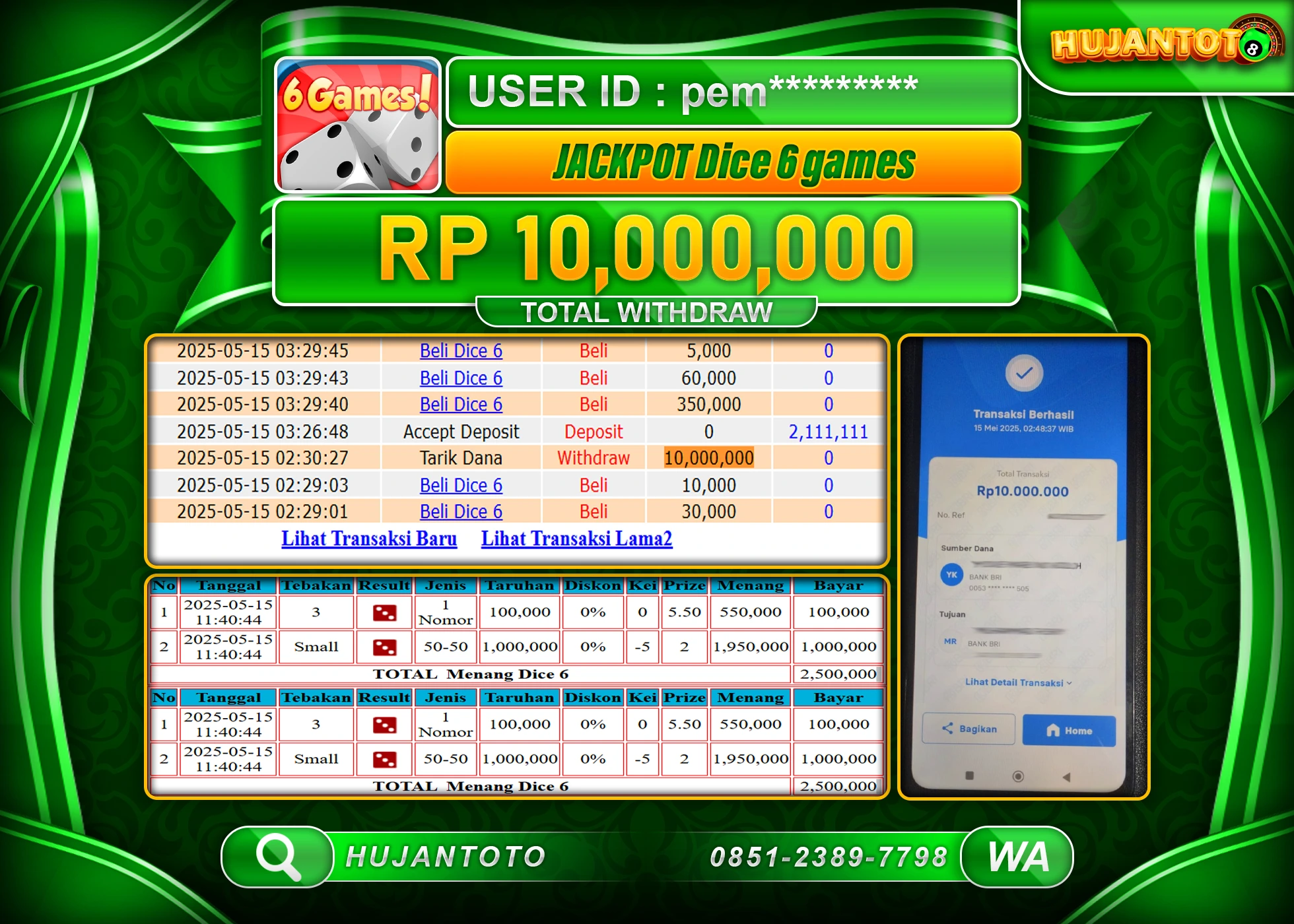 HUJANTOTO - BUKTI JACKPOT MENANG LIVEGAMES DICE 6 Rp,10,000,000 - TERBAYAR LUNAS