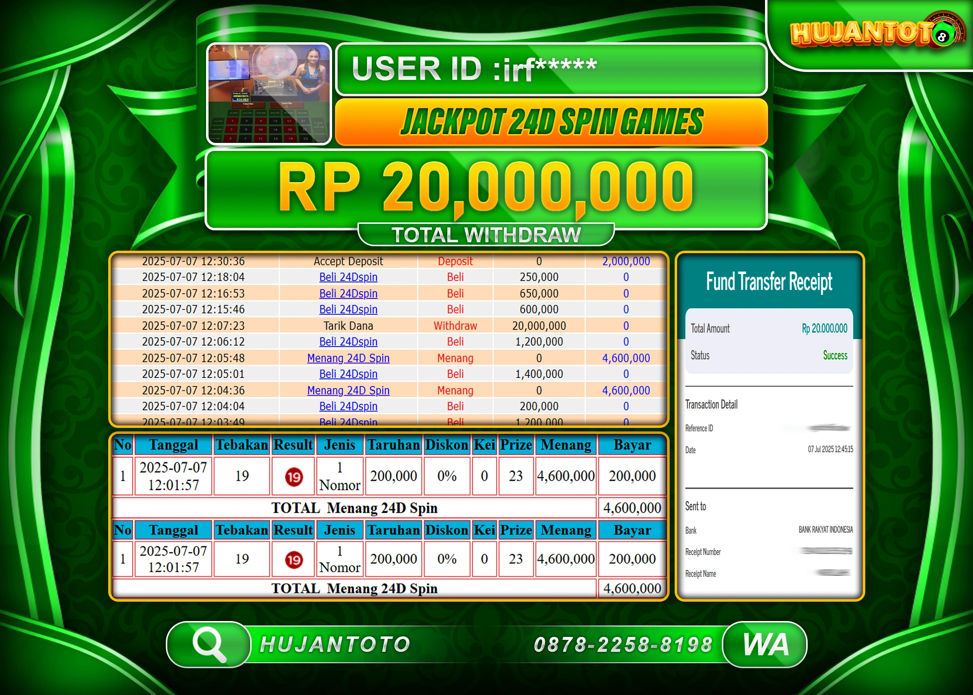 HUJANTOTO - BUKTI JACKPOT MENANG LIVE GAME 2D SPIN GAMES Rp.20,000,000 - TERBAYAR LUNAS