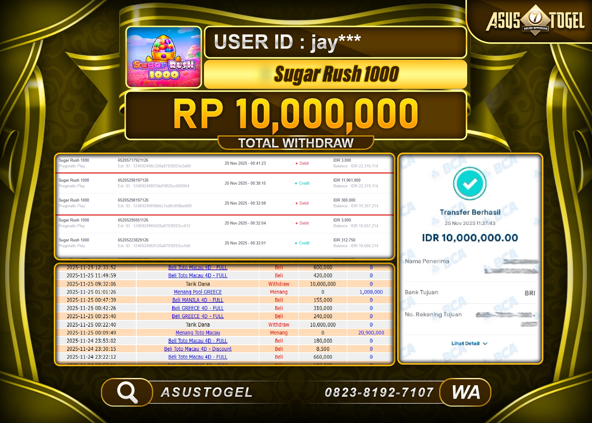 ASUSTOGEL KEMENANGAN DI SLOT SUGAR RUSH 1000 SEBESAR 10,000,000 - RUPIAH LUNAS