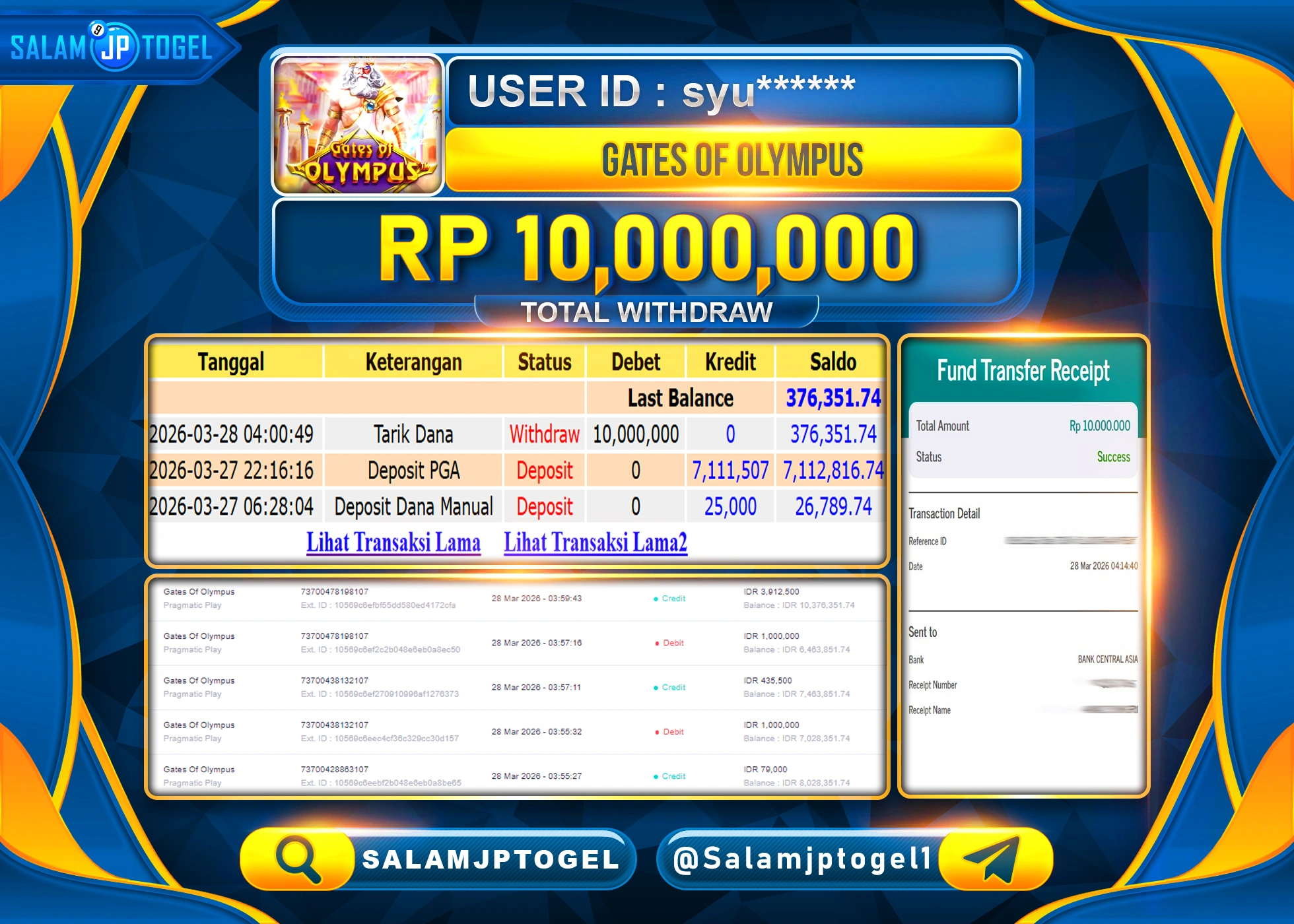 SALAMJPTOGEL MENANG JACKPOT SLOT GATE OF OLYMPUS Rp.10,000,000 - LUNAS