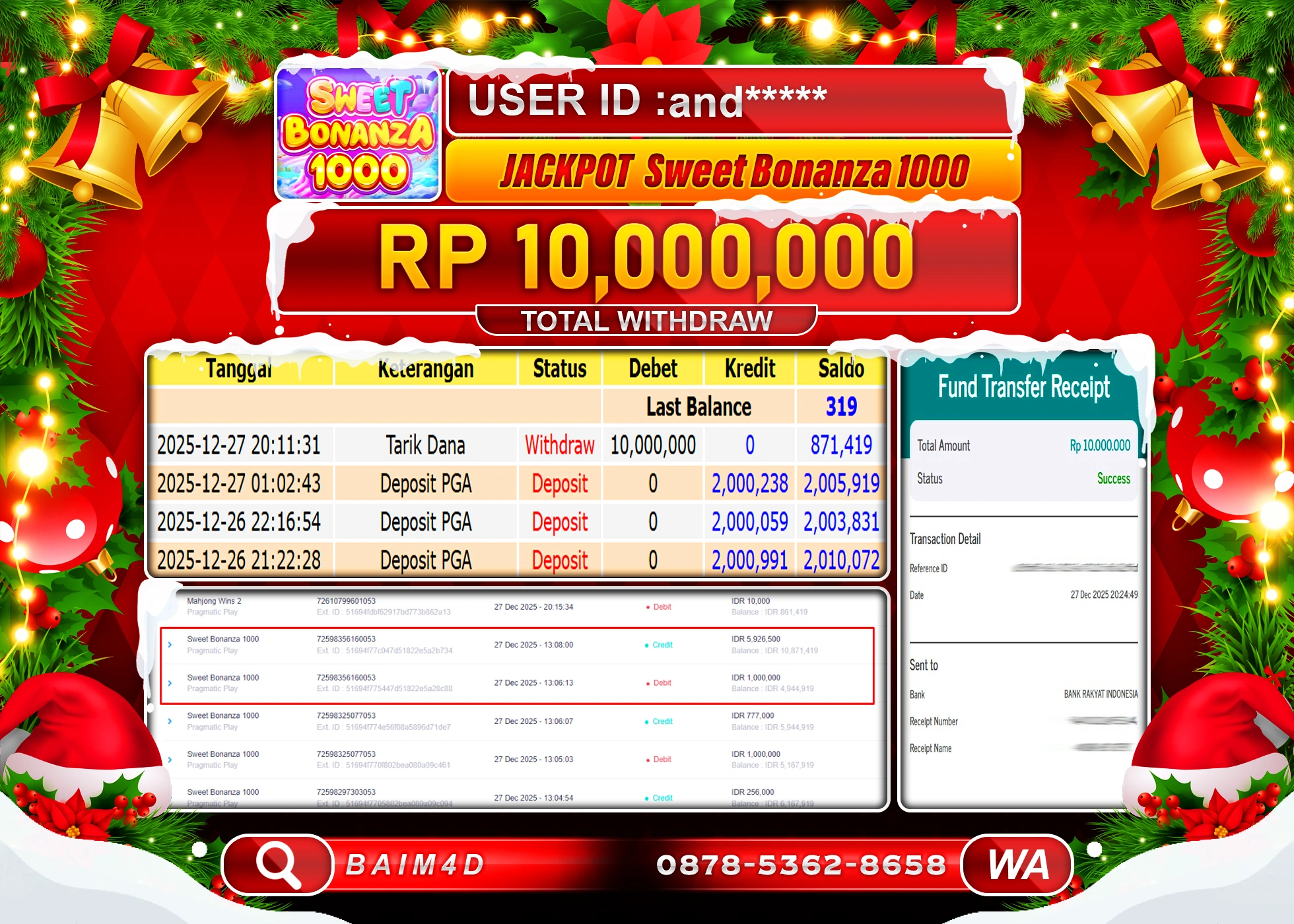 BAIM4D JACKPOT  SLOT SWEET BONANZA 1000 Rp.10,000,000 - LUNAS
