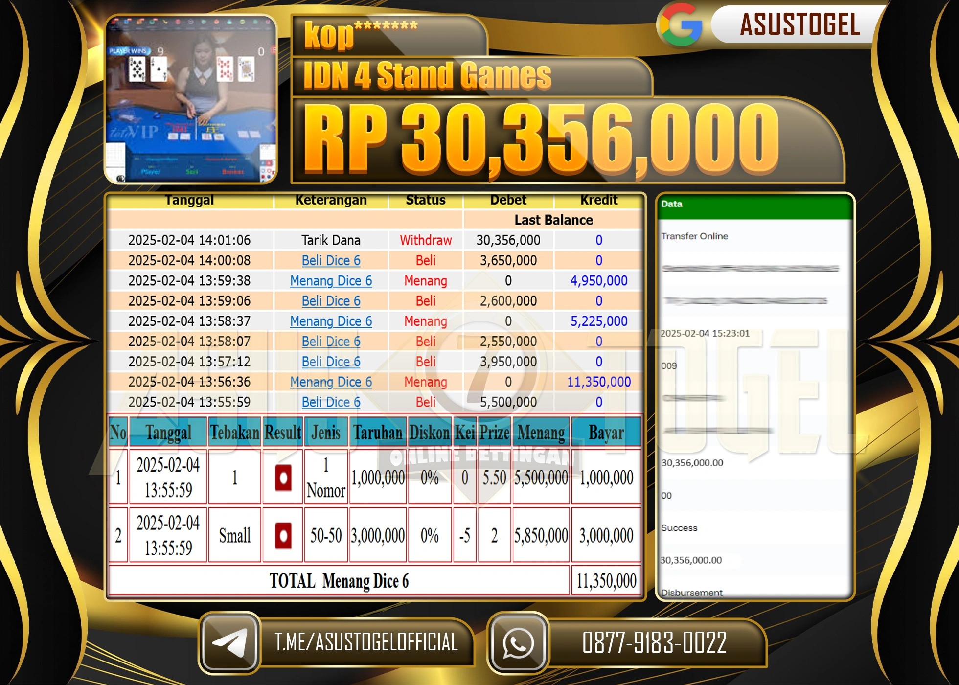 ASUSTOGEL KEMENANGAN DI IDN 4 STAND GAMES  SEBESAR 30,356,000 - RUPIAH LUNAS