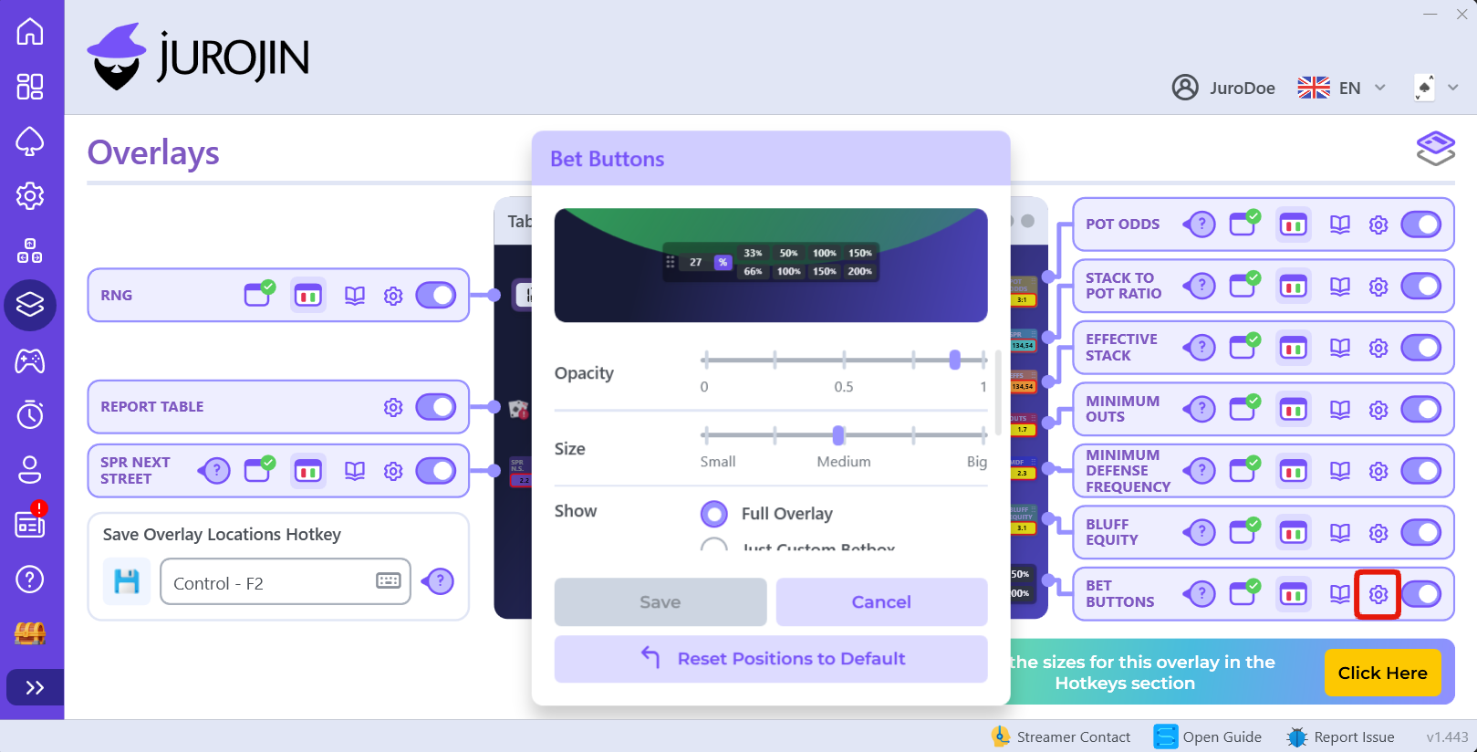 Customizing Settings from JurojinPoker BetSize Overlay