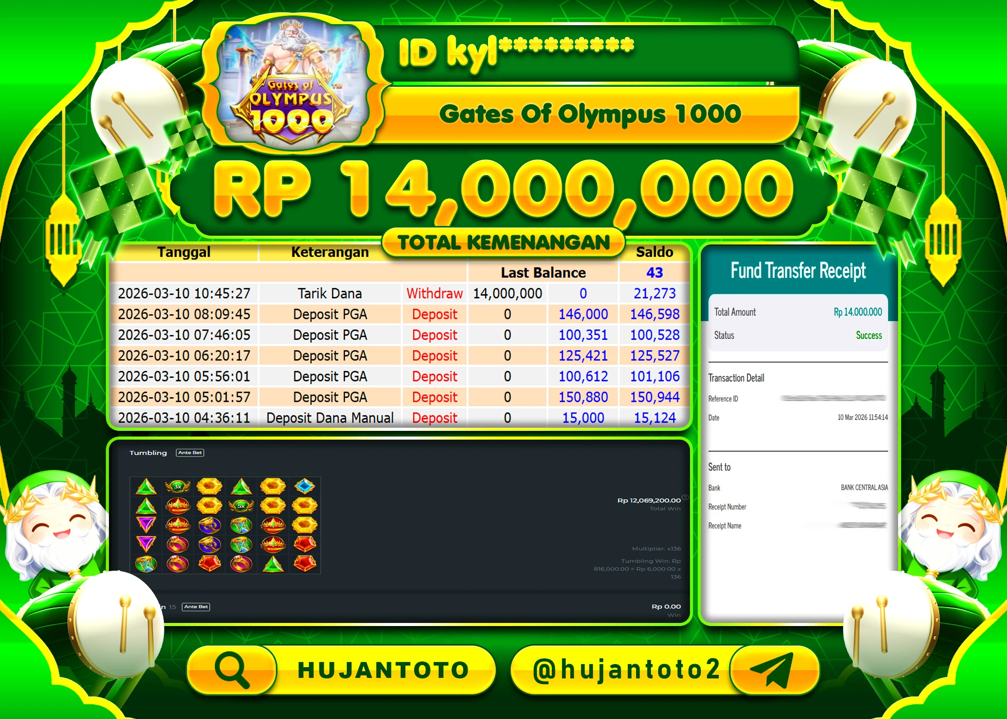 HUJANTOTO - BUKTI JACKPOT MENANG SLOT GATES  OF OLYMPUS 1000 Rp.14,000,000 - TERBAYAR LUNAS