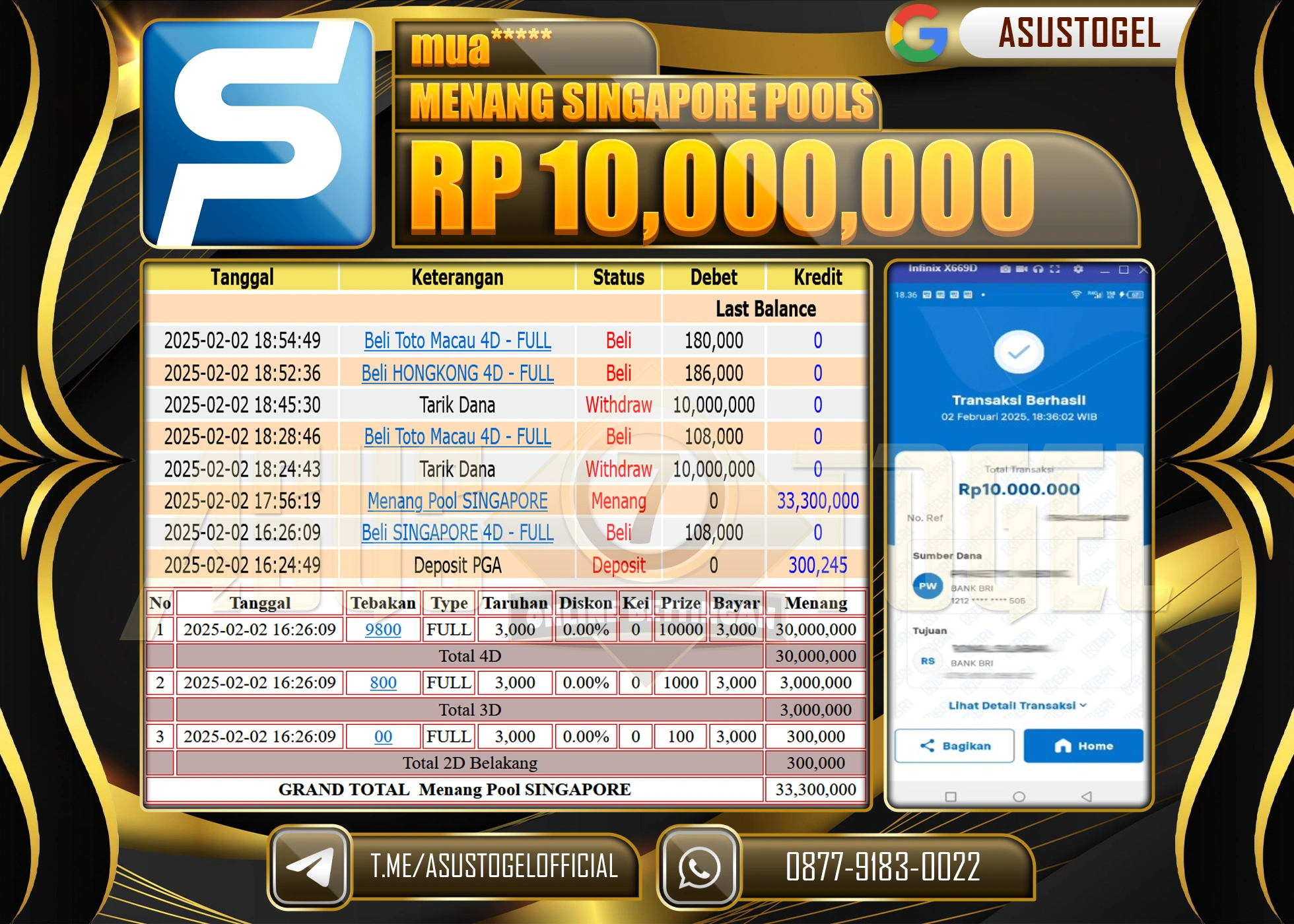 ASUSTOGEL KEMENANGAN DI TOGEL SINGAPORE  SEBESAR 10,000,000 - RUPIAH LUNAS