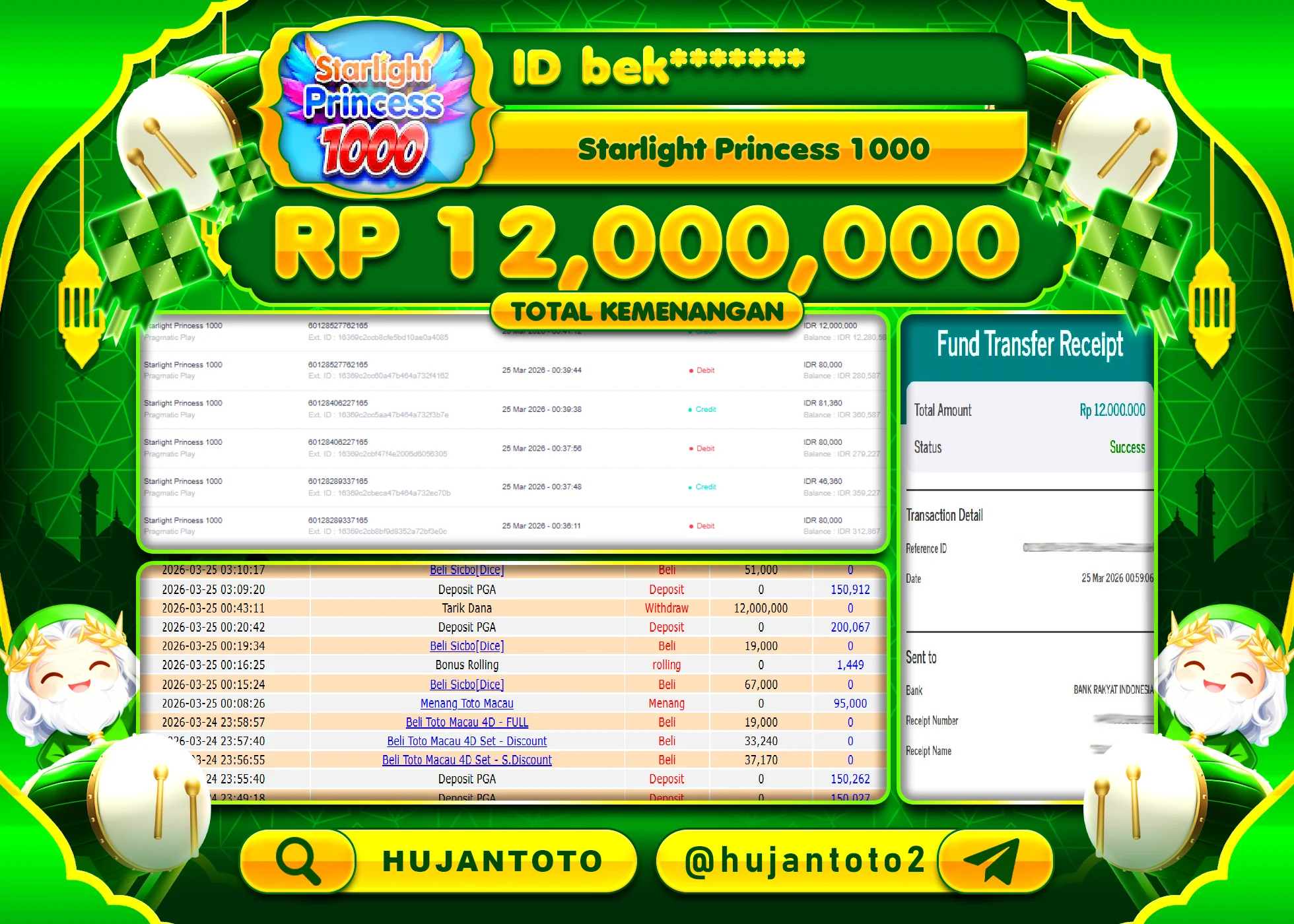 HUJANTOTO - BUKTI JACKPOT MENANG SLOT STARLIGHT PRINCESS 1000  Rp.12,000,000 - TERBAYAR LUNAS