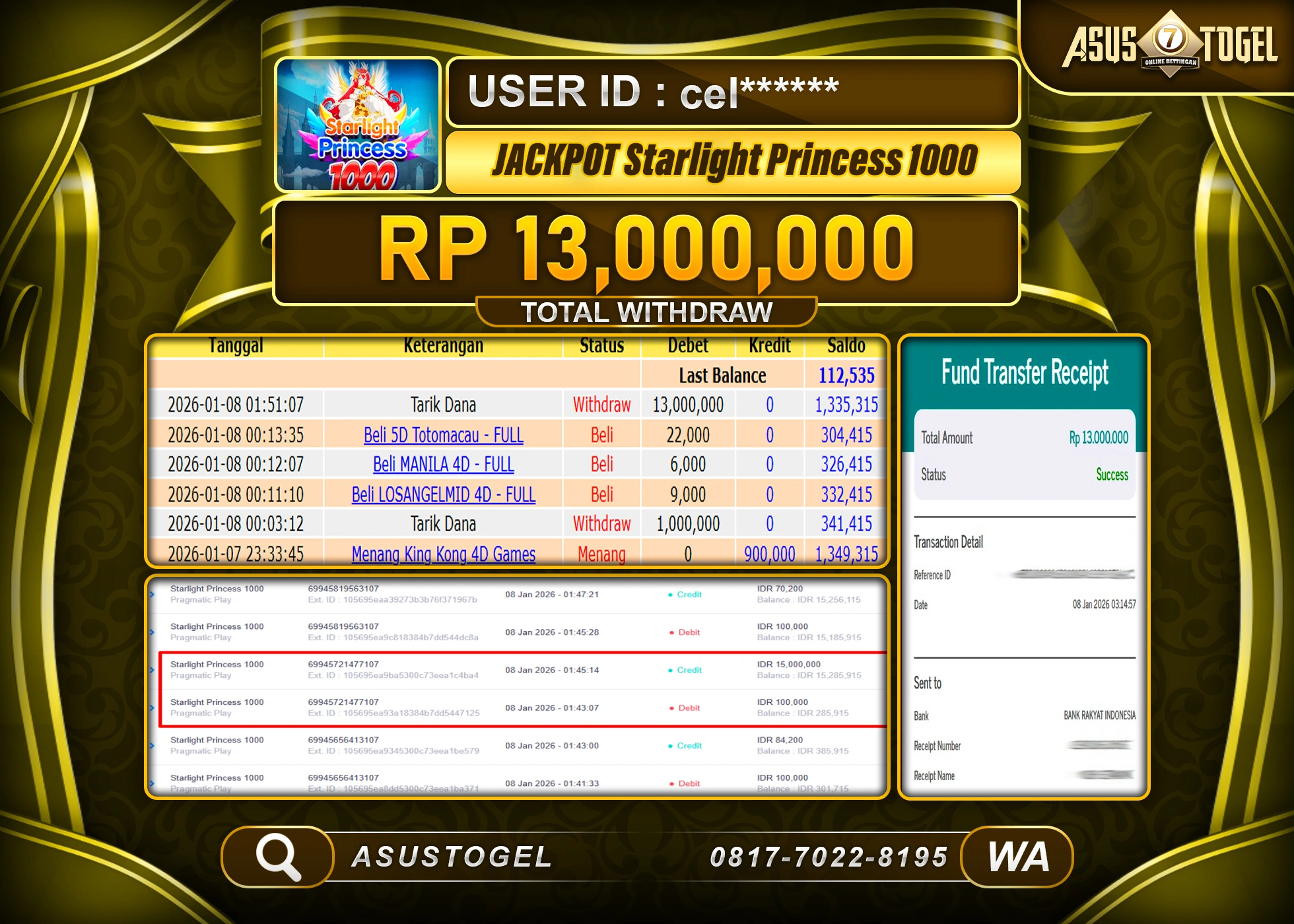 ASUSTOGEL KEMENANGAN DI STARLIGHT PRINCESS 1000 SEBESAR 13,000,000 - RUPIAH LUNAS