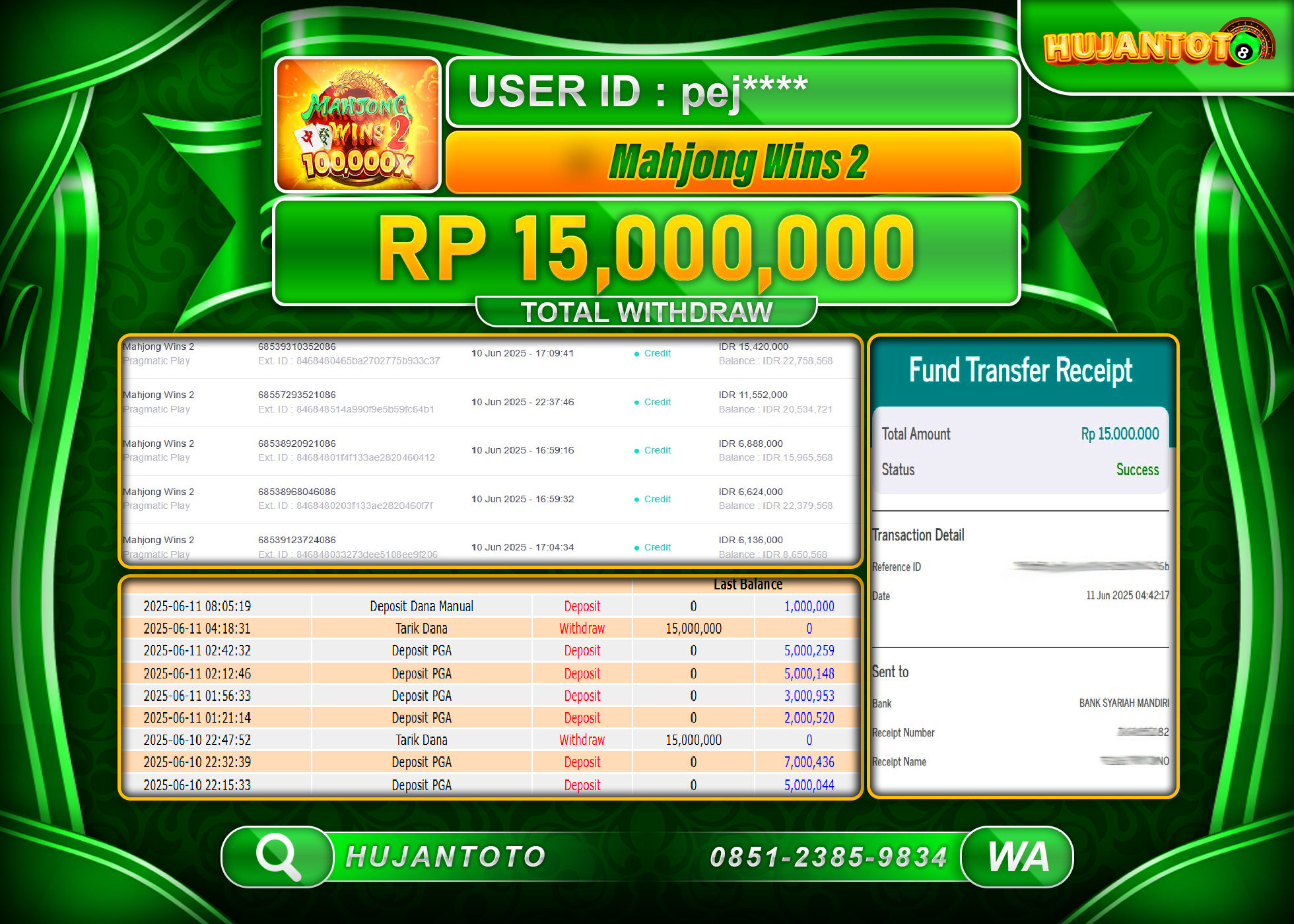 HUJANTOTO - BUKTI JACKPOT MENANG SLOT MAHJONG WINS 2 Rp.15,000,000 - TERBAYAR LUNAS
