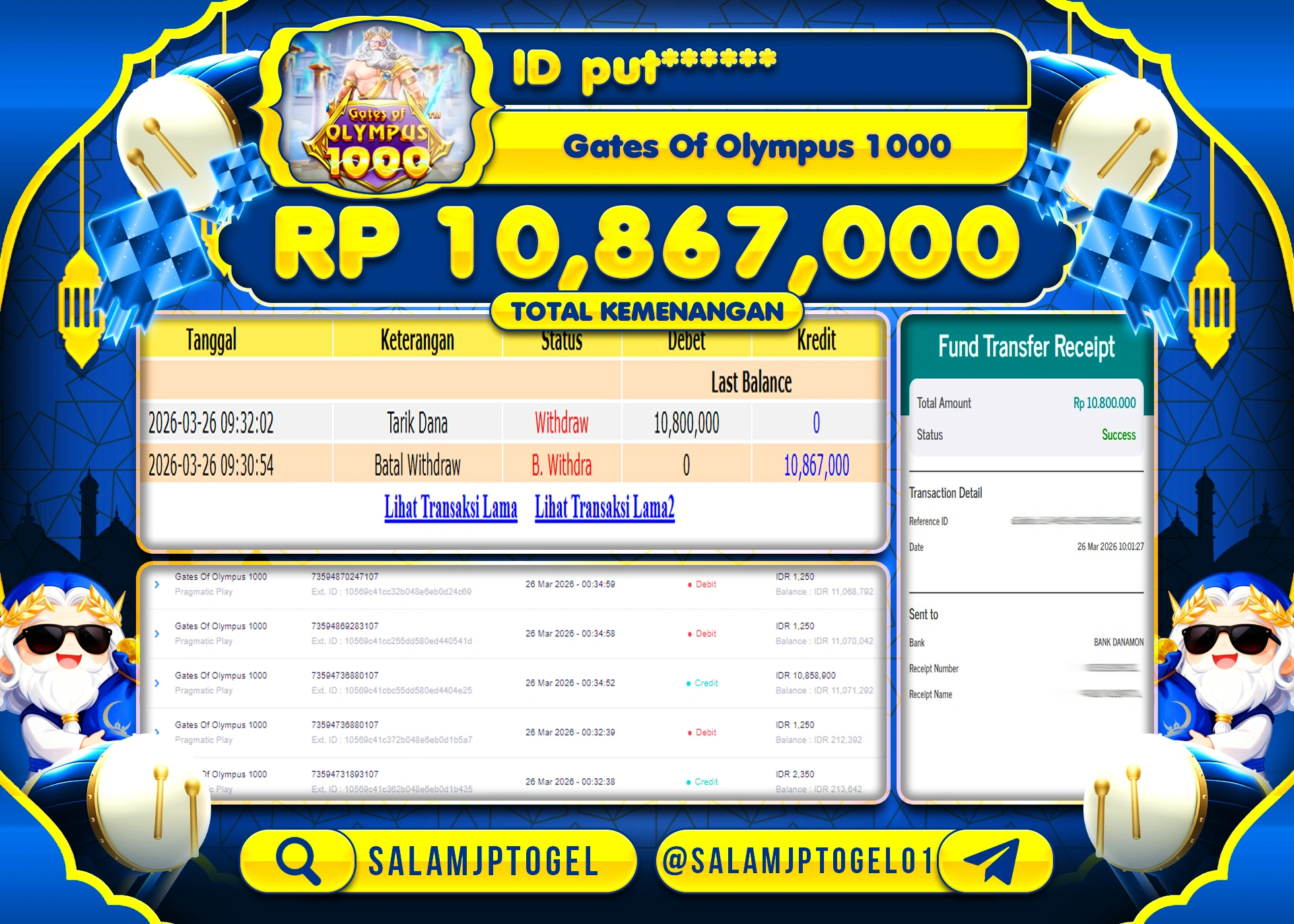 SALAMJPTOGEL MENANG JACKPOT SLOT GATES OF OLYMPUS 1000 Rp.10,867,000 - LUNAS