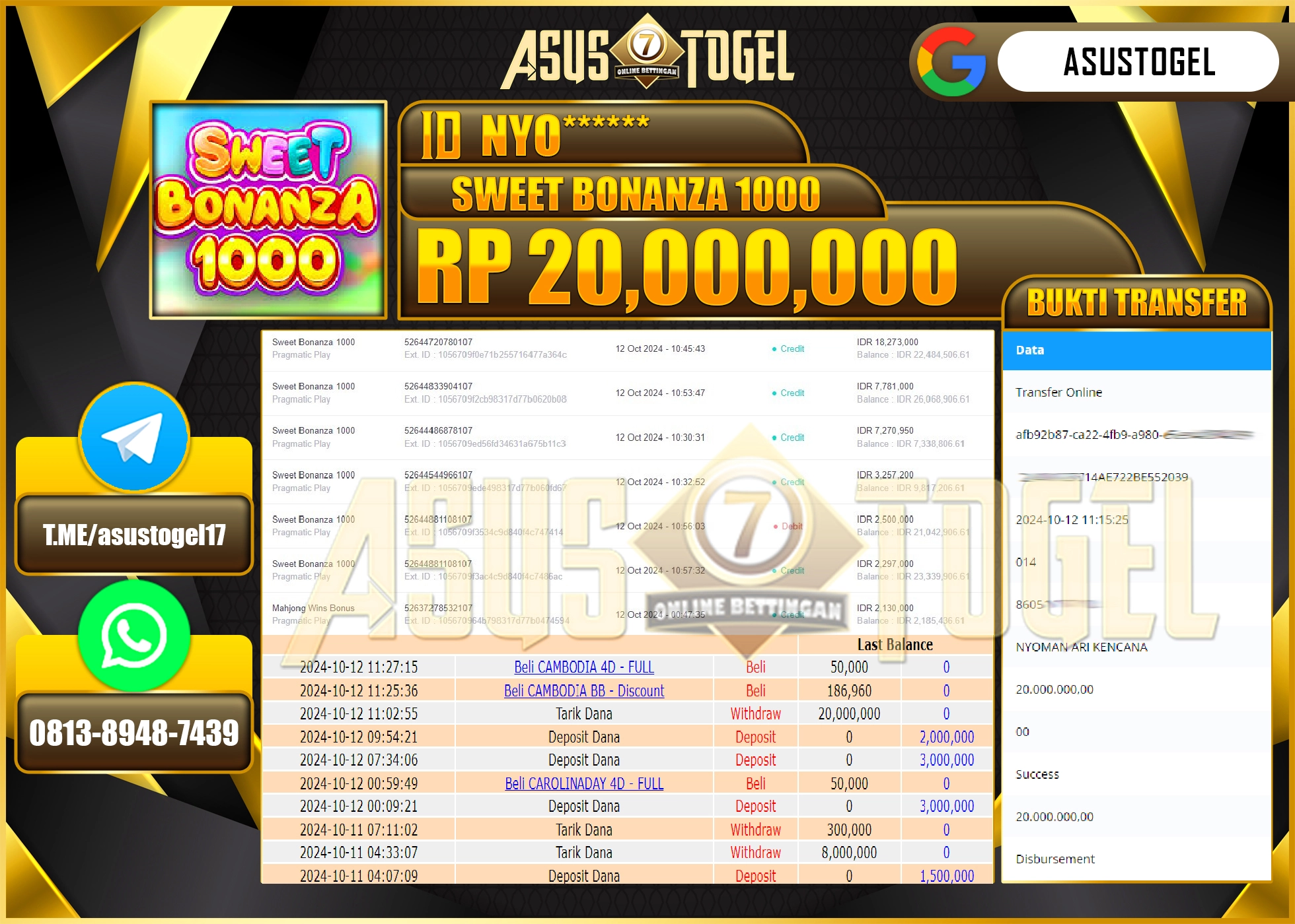 ASUSTOGEL KEMENANGAN  DI GAMES   MENANG  SWEET BONANZA 1000  SEBESAR 20,000,000- RUPIAH LUNAS