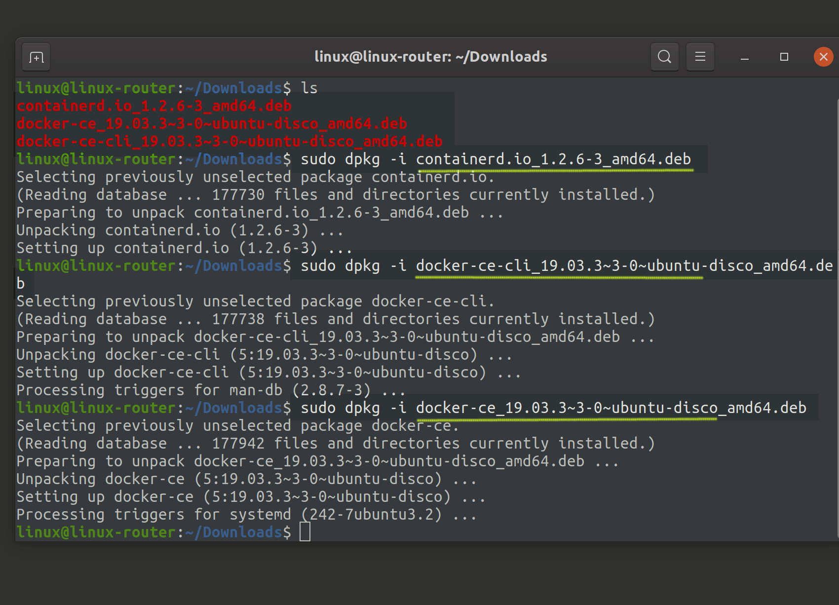 Screenshot of Docker Django Postgres install Docker packages on Ubuntu using dpkg