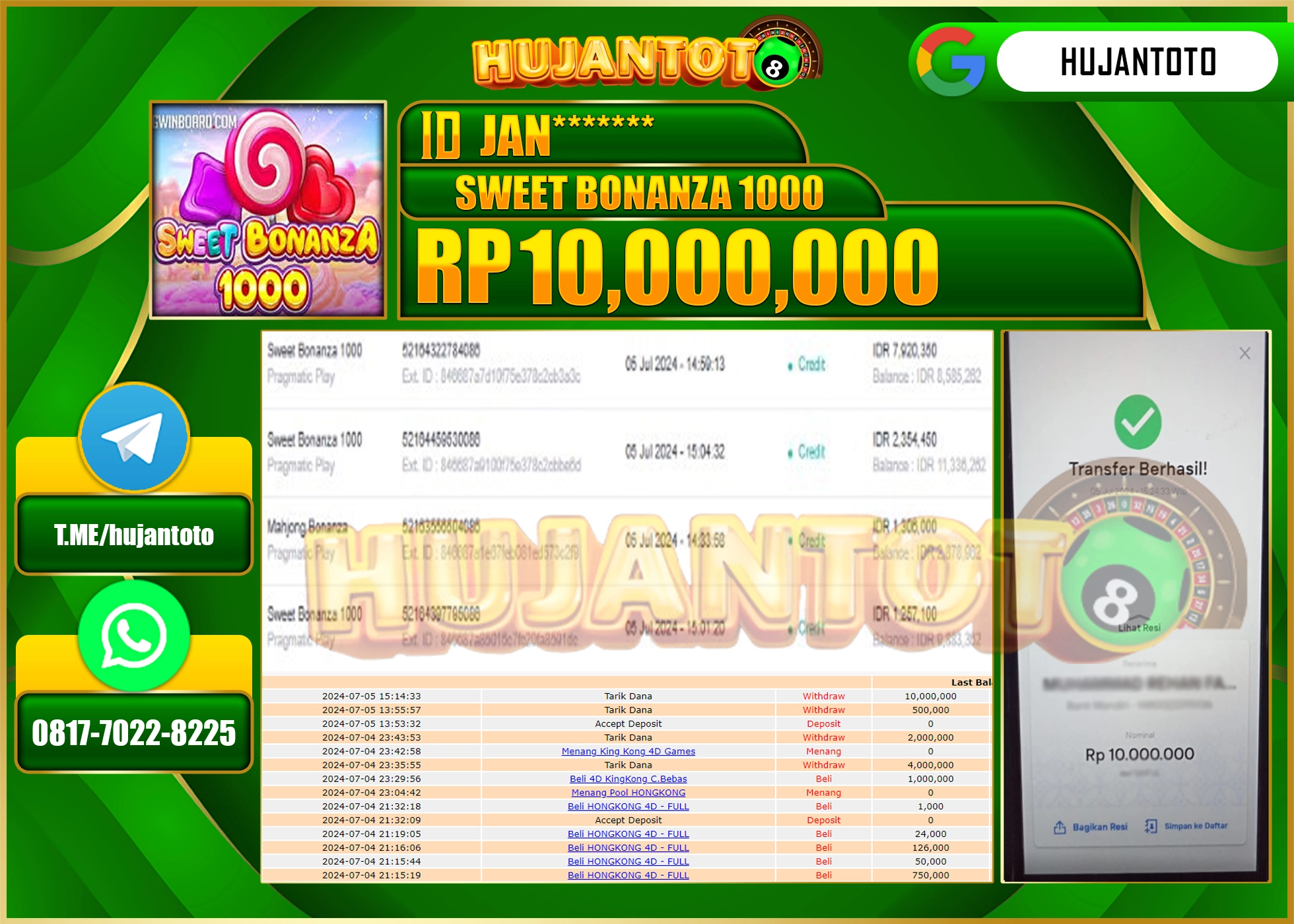 HUJANTOTO MENANG SLOT SWEET BONANZA 1000 10.000.000 - LUNAS 