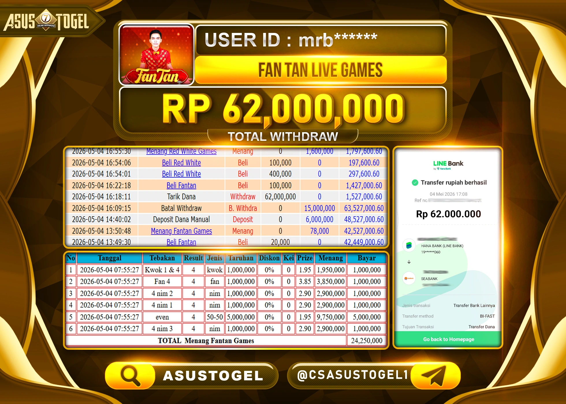 ASUSTOGEL KEMENANGAN JACKPOT DI PERMAINAN FANTAN LIVE GAMES SEBESAR Rp.62,000,000 - RUPIAH LUNAS