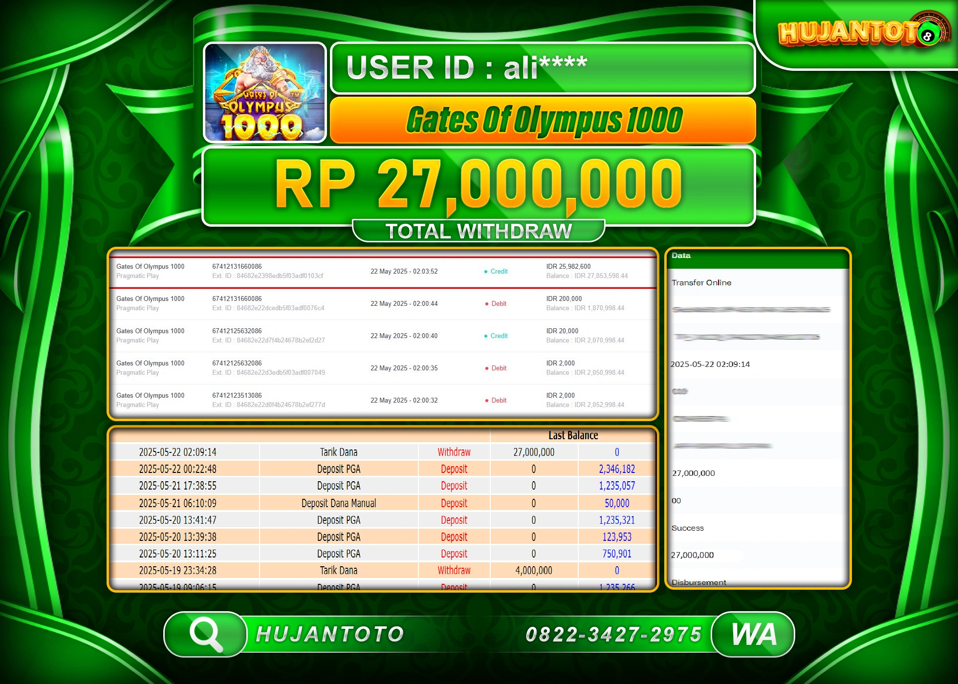 HUJANTOTO - BUKTI JACKPOT MENANG SLOT GATES OF OLYMPUS Rp,27,000,000 - TERBAYAR LUNAS