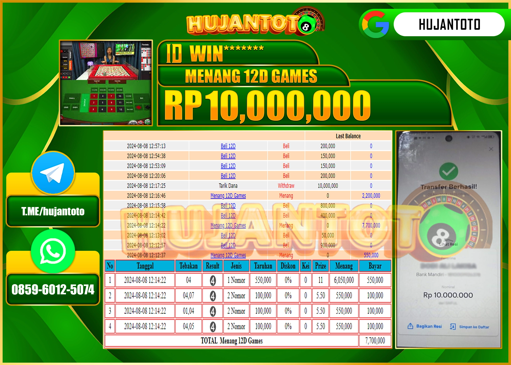 HUJANTOTO MENANG BESAR DI PERMAINAN LIVE GAME 12D GAMES 10.000.000 - LUNAS 