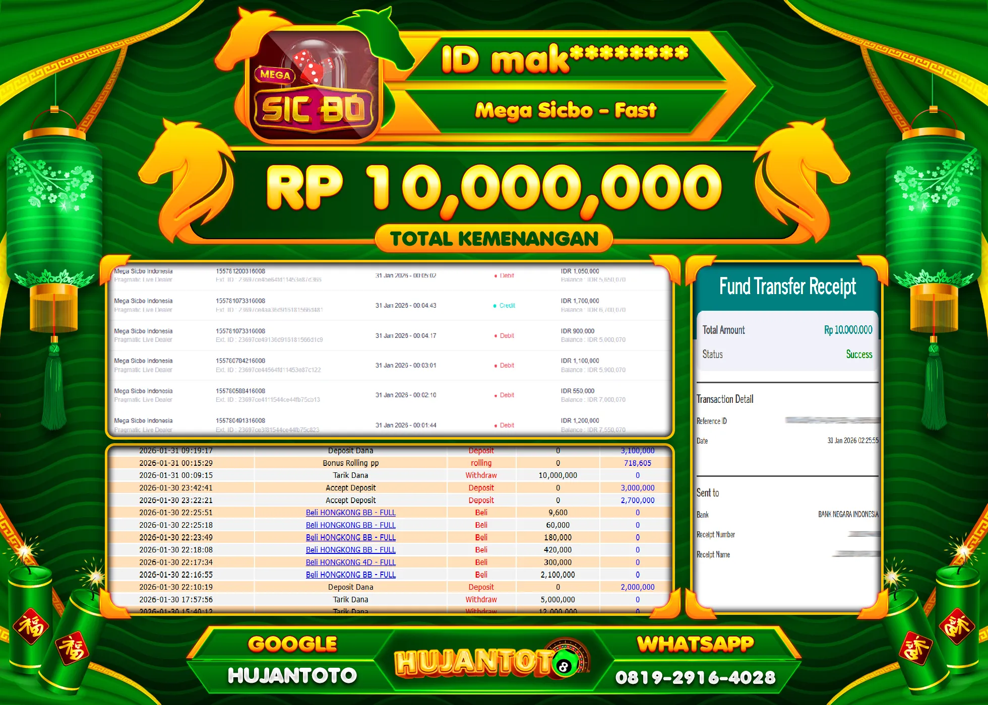 HUJANTOTO - BUKTI JACKPOT MENANG LIVEGAMES MEGA SICBO -FAST Rp.10,000,000 - TERBAYAR LUNAS