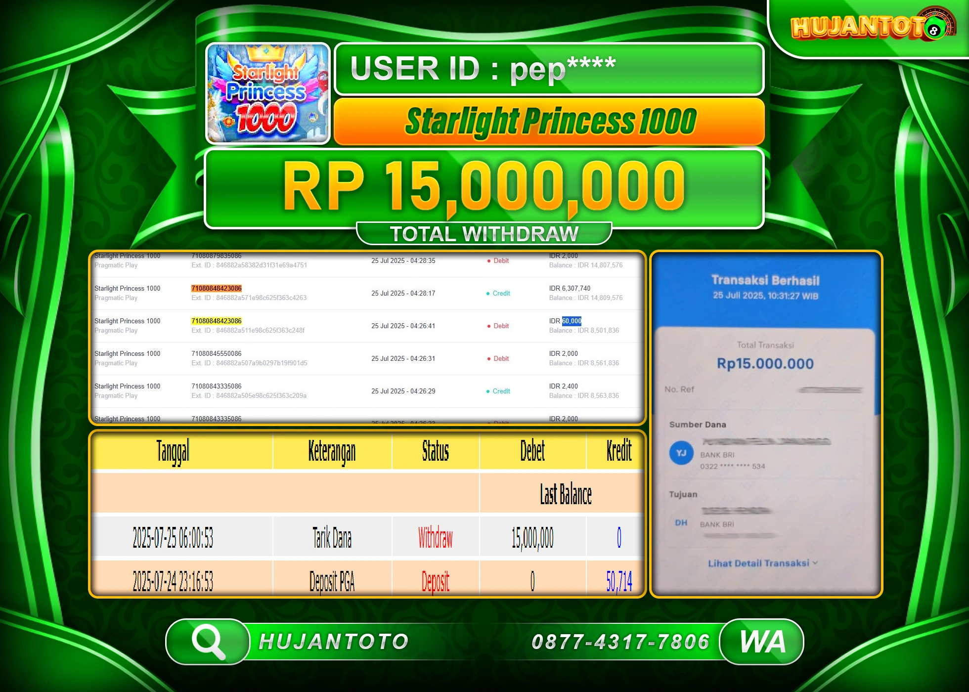 HUJANTOTO - BUKTI JACKPOT MENANG SLOT STARLIGHT PRICESS 1000 Rp.15,000,000 - TERBAYAR LUNAS